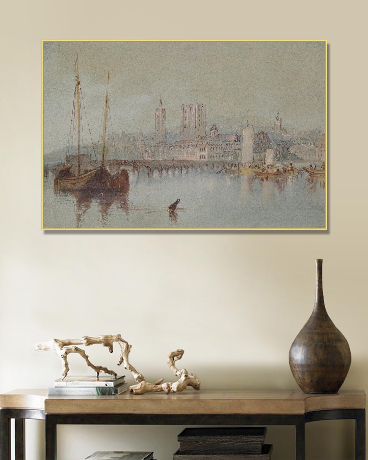 Złota ramka. J.M.W. Turner słynna reprodukcja obrazu, styl Turnera romantyczny krajobraz sztuka na płótnie, klasyczna oprawiona dekoracja ścienna. D62. 30 x 45 cm - 11,8 x 17,7 cala.