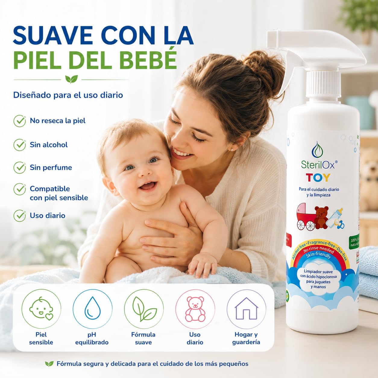 Toy 500 ml — spray detergente naturale con acido ipocloroso (HOCl) per giocattoli, accessori e pelle dei bambini. Senza alcol né profumo, per uso quotidiano, senza risciacquo.