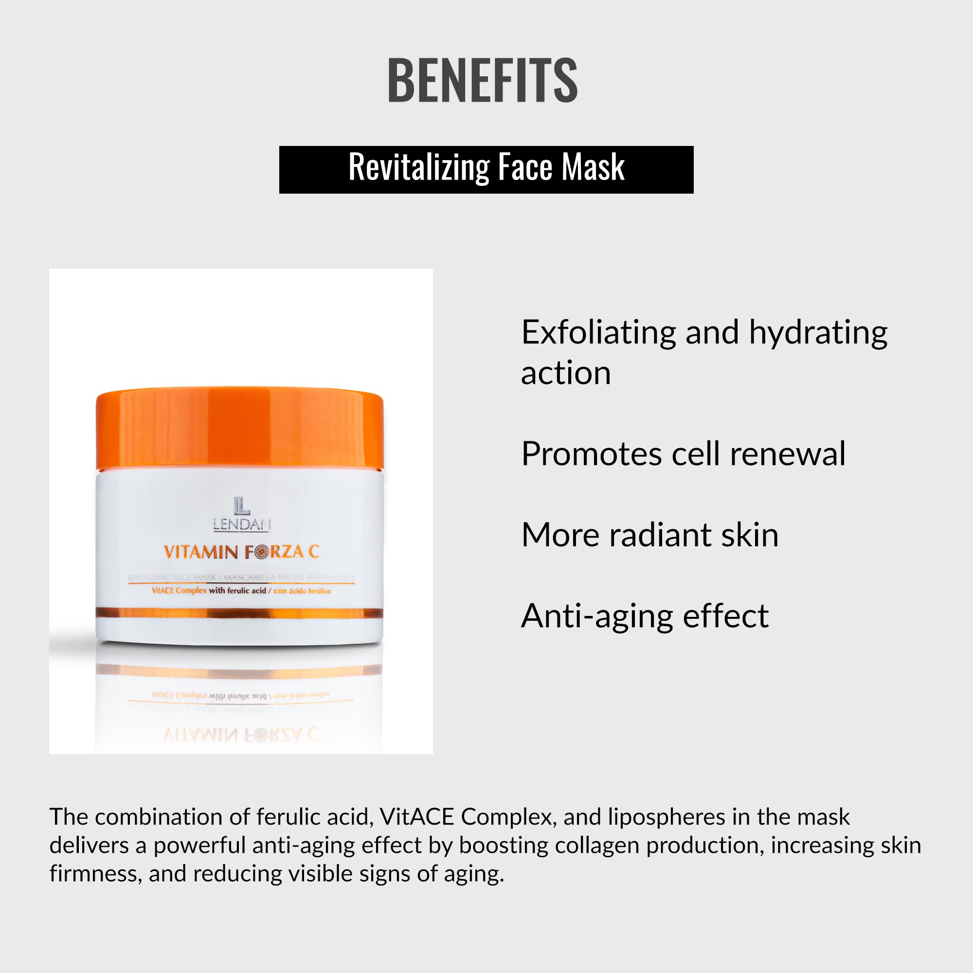 LENDAN - Mascarilla Facial Revitalizante Vitamin Forza C - 200 ml - Acción Exfoliante e Hidratante - Favorece la Renovación Celular - Piel más Luminosa - Efecto Antiaging - con AHA y Aloe Vera