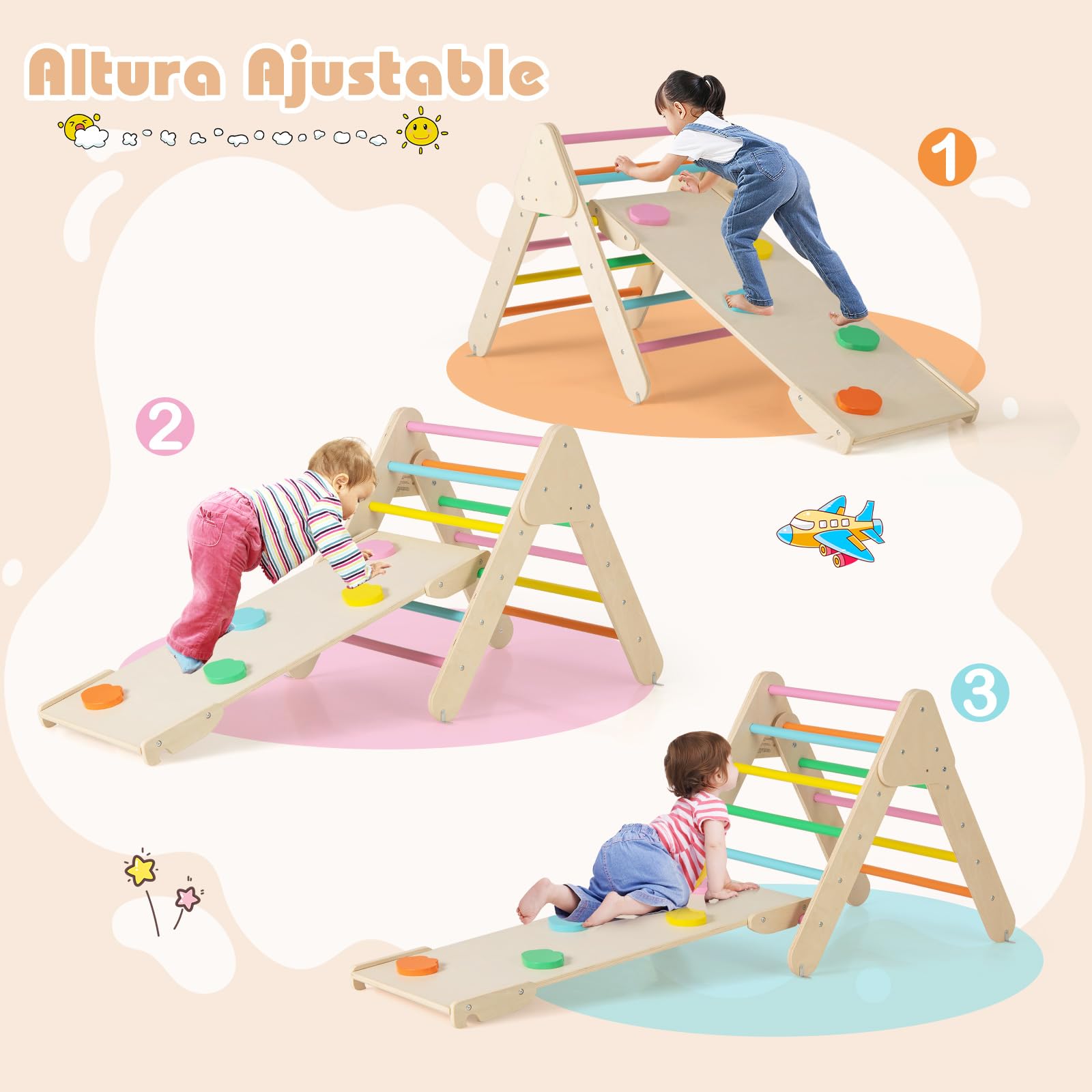 COSTWAY 7 en 1 Triángulo de Escalada de Madera para Niños, Juego de Escalada con Triángulo, Arco, Rampa para Deslizarse o Escalar, Set de Escalada Montessori para Niños 1+ Año (Multicolor)