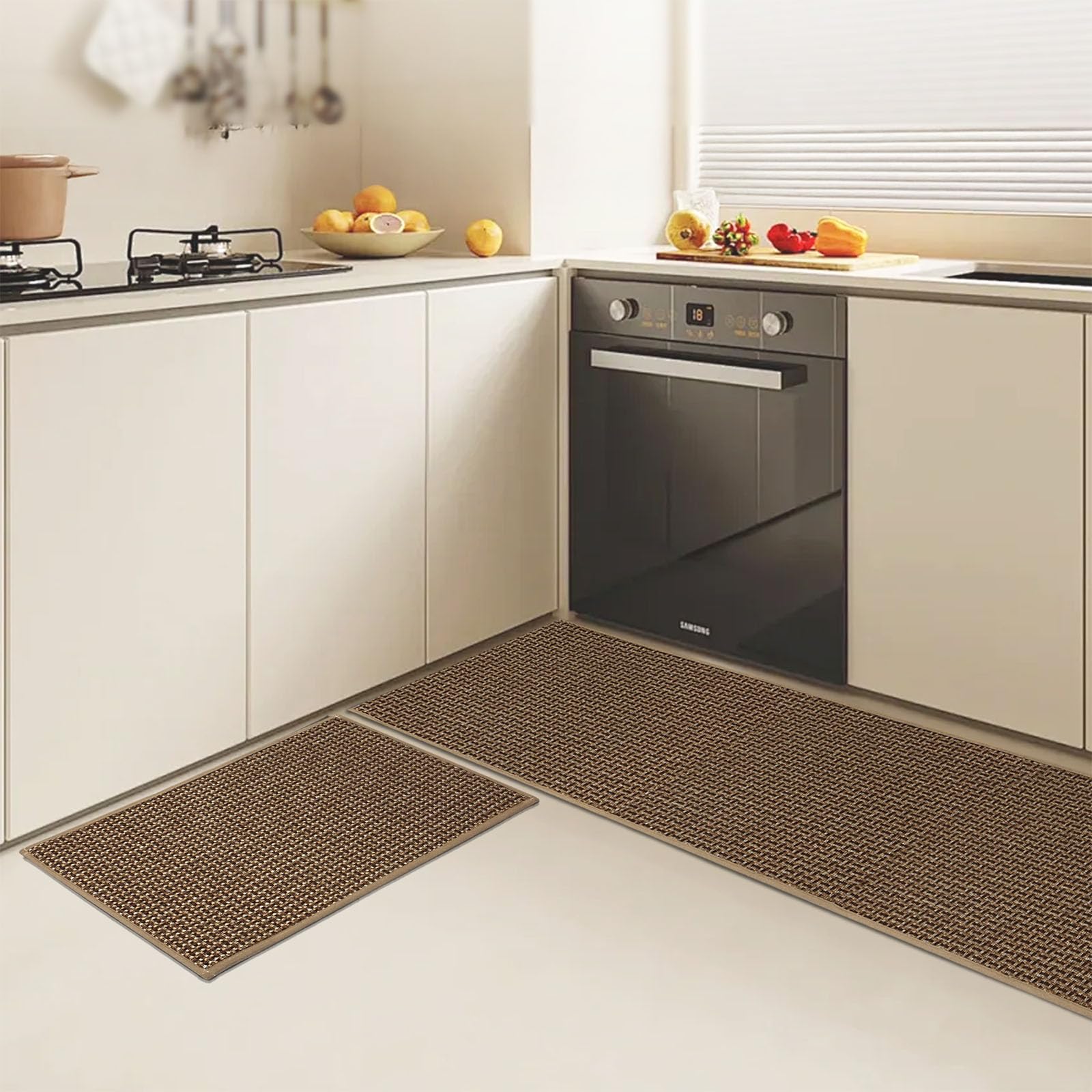 MARLOW Kitchen Rugs, Woven Kitchen Mats Set 2 Piece, Cushioned Non Slip for Kitchen Floor, Absorbent Entrance Runner Rug for Bedroom, Rubber Backing, Comfort Standing Mats, Brown, 45x70cm+45x150cm