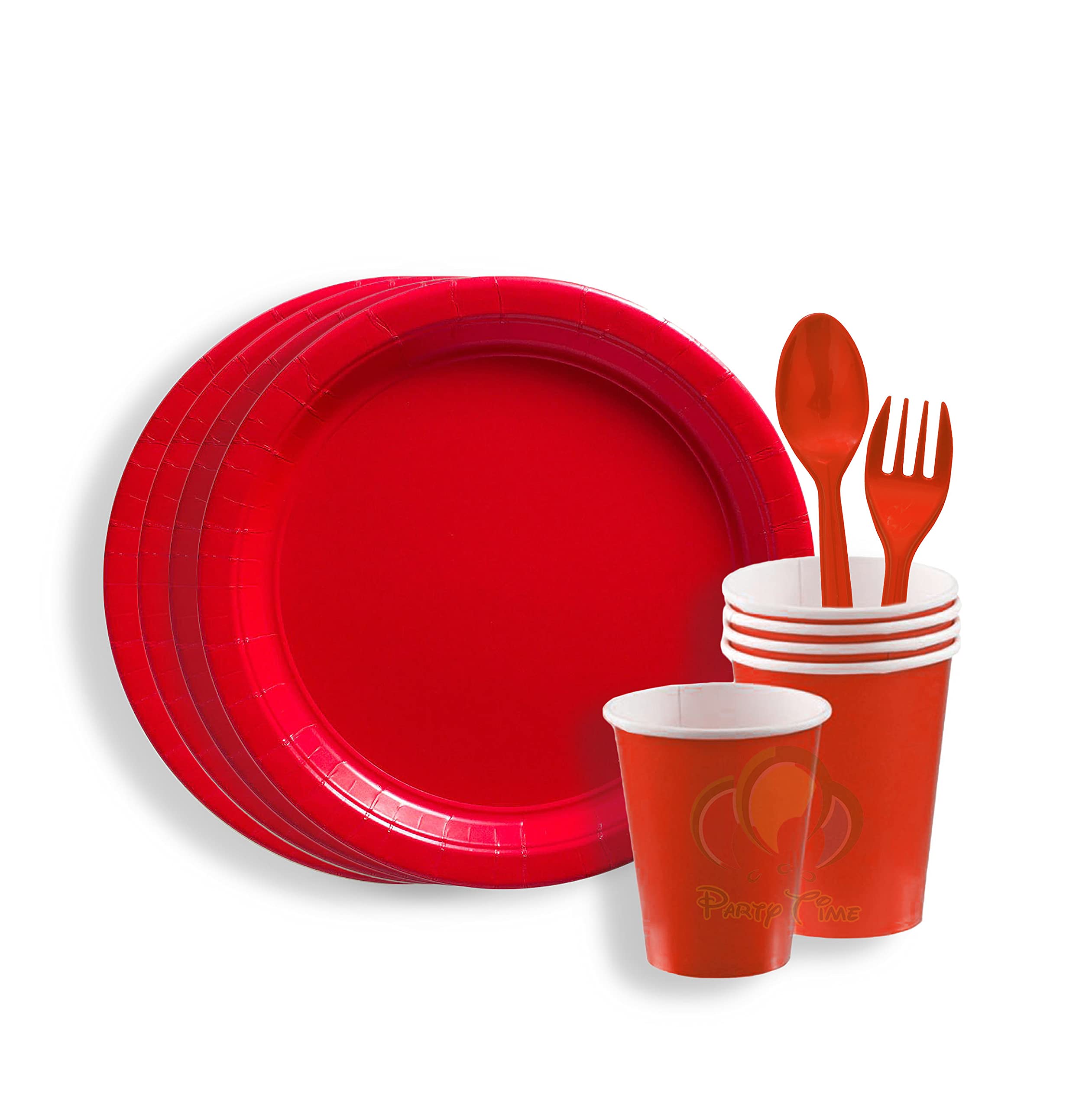 PARTY TIME - 24 Pieces Party Supplies Tableware Set Includes 6-9" Paper Dinner Plates 6-9 Oz Cups, 6-6" Spoon and 6-6" Forks for Plain Color Theme Disposable Birthday Dinnerware (Red)