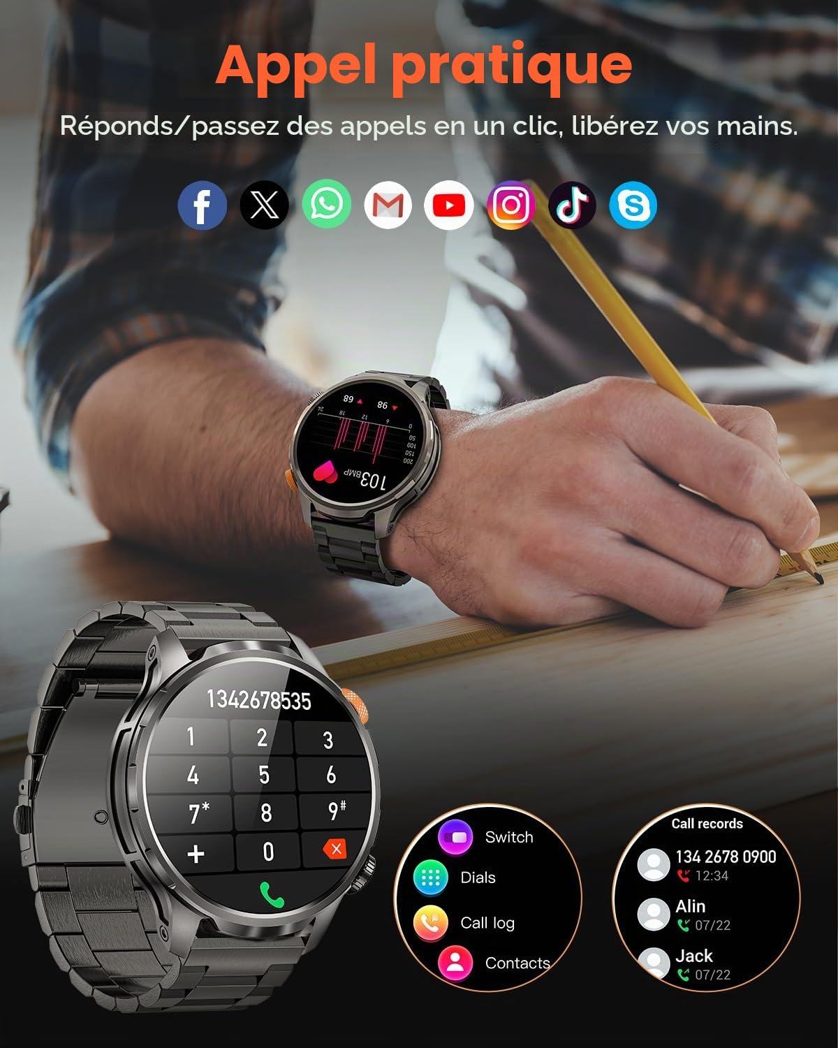 Montre Connectée Homme 1000mAh/5ATM Étanche/LED Lampe, 1.91" AMOLED Militaire Smartwatch Homme Appel Bluetooth, 113 Modes Sportifs, 24H Sommeil/Fréquence Cardiaque/Podomètre 2 Sangles Android iOS Noir