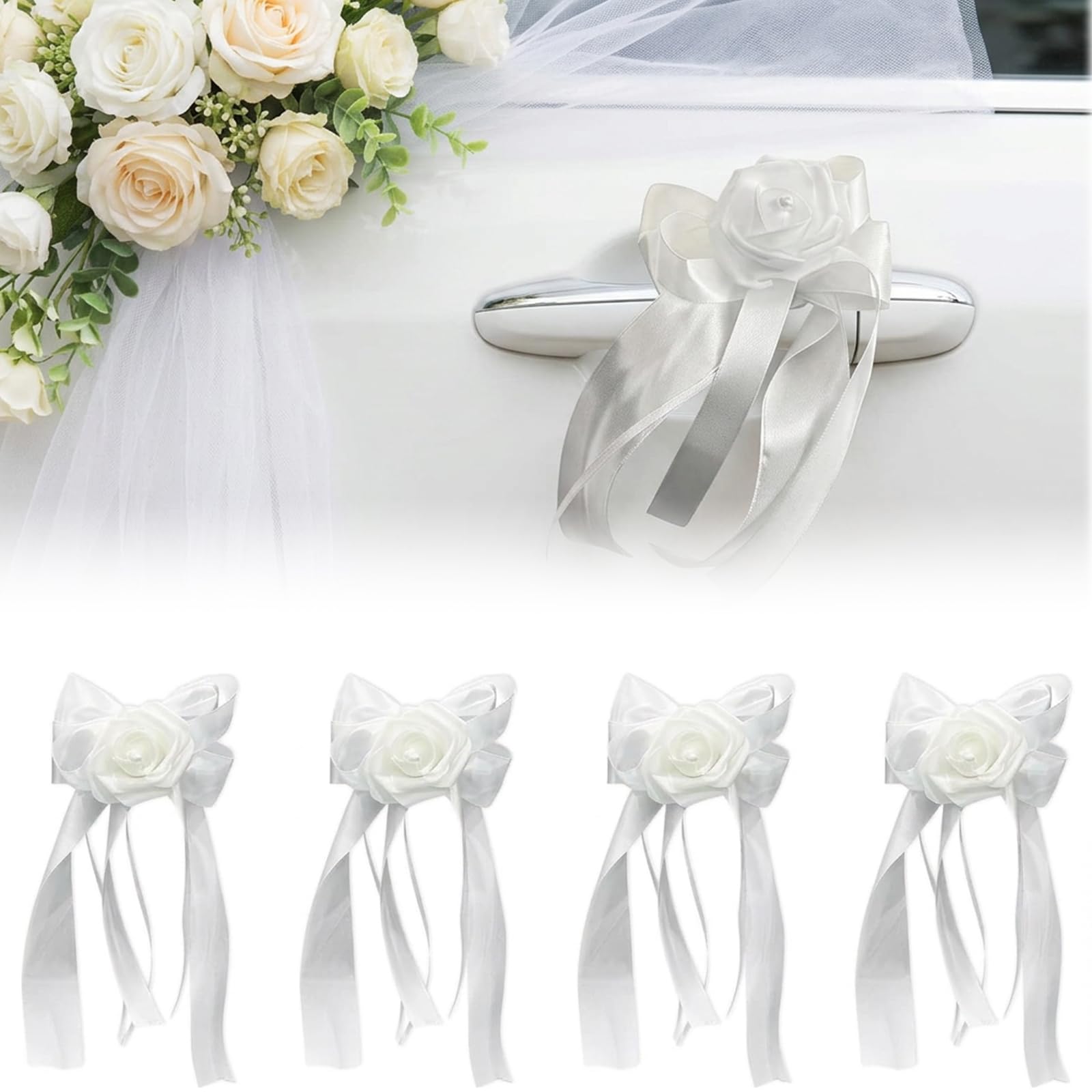 RJFUJP 4 PCS Wedding Car Ribbon Decorations, Elegant Wedding Car Ribbon Kit for Romantic Celebrations, Car Wedding Ribbons and Bows Set for Special Events
