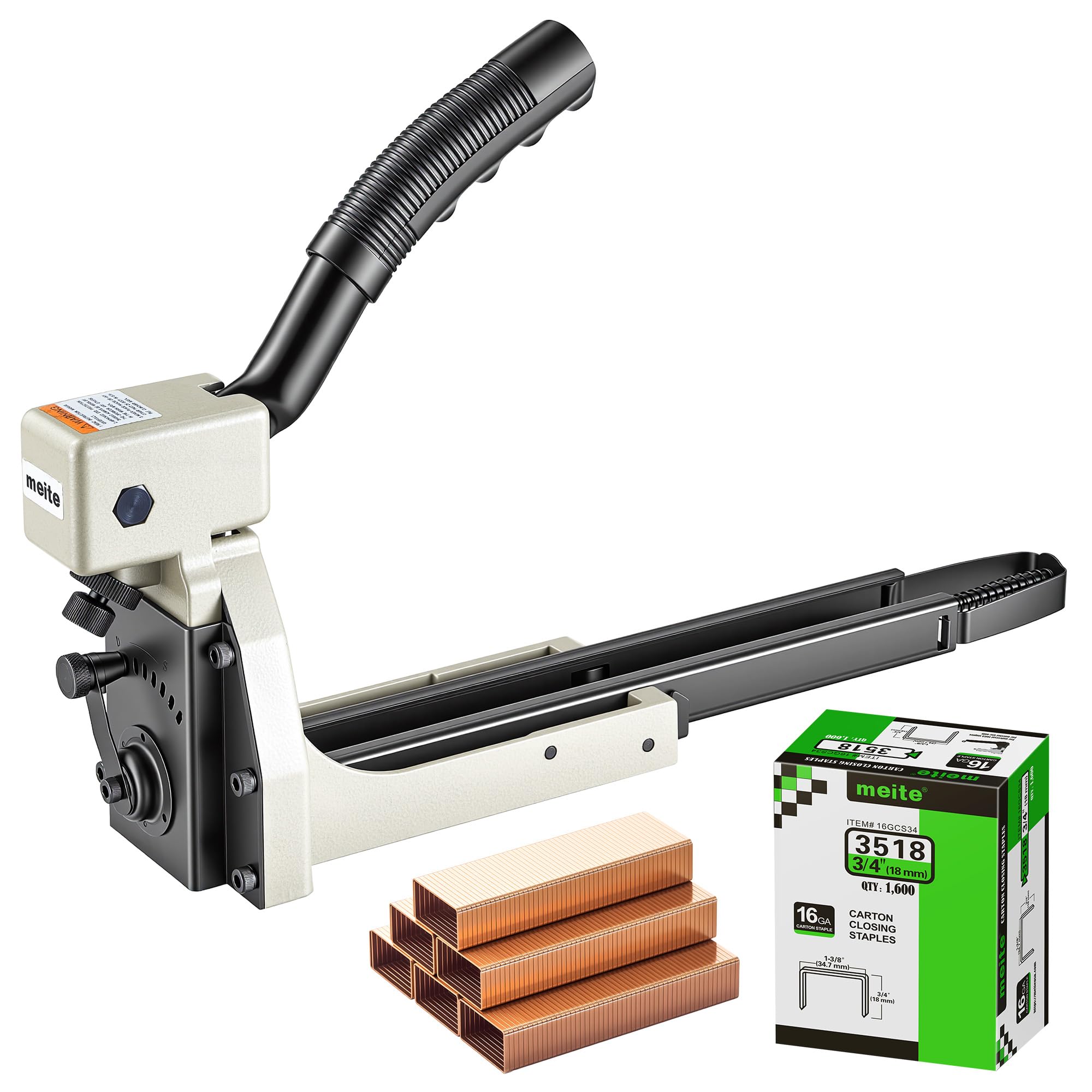 meite Grapadora Manual para Cajas HB3518 con 1.600 Grapas, Cerradora de Cartón Calibre 16, Grapadora Resistente de Corona 34,7 mm y Pata 18 mm, para Embalaje de Cartón Ondulado