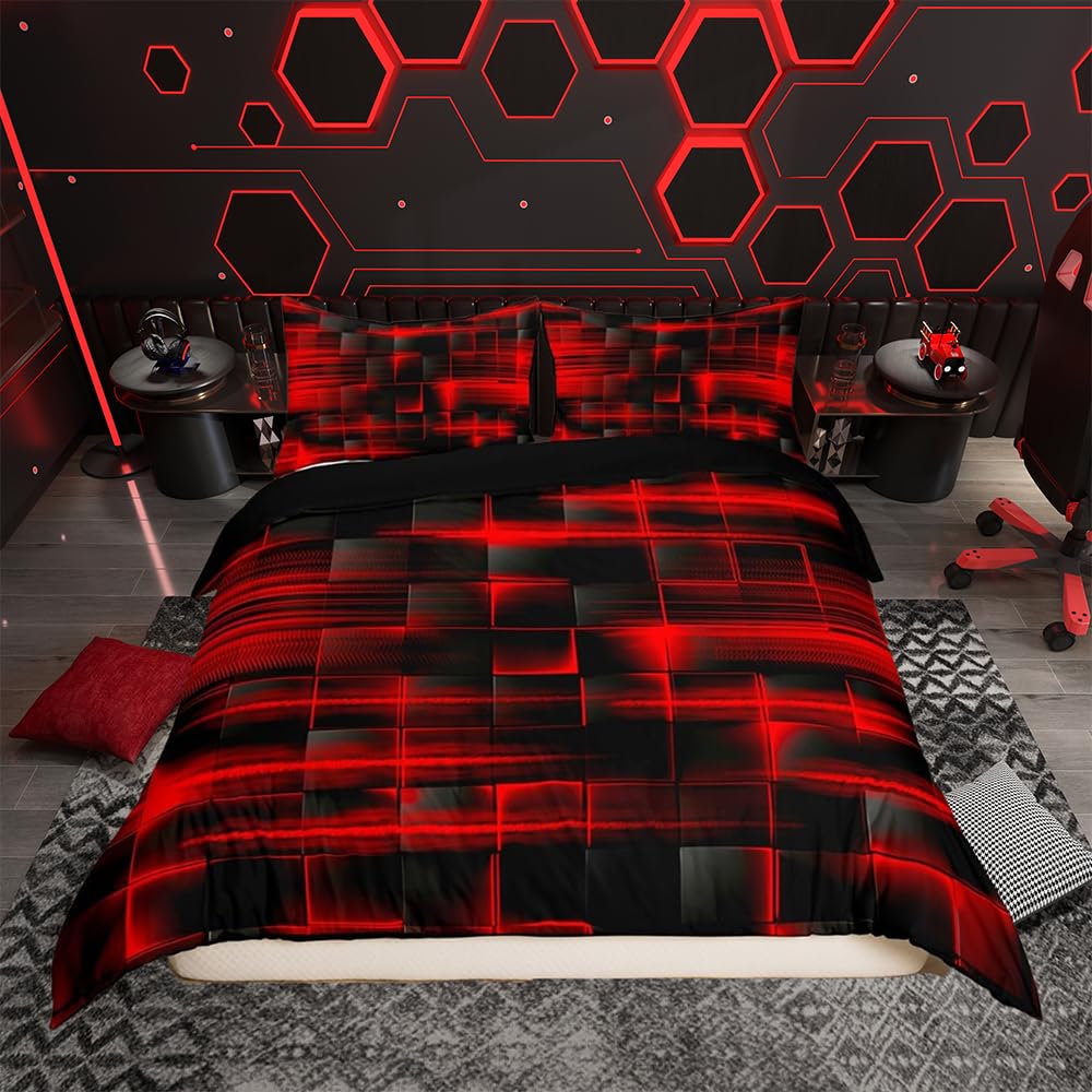 richhome Red Black Duvet Cover Single Size Boys Girls Geometric Strip Lines Bedding Set For Kids Comforter Cover Set Abstract Modern Bedspread Cover Room Decor Bedclothes Zipper — image 1