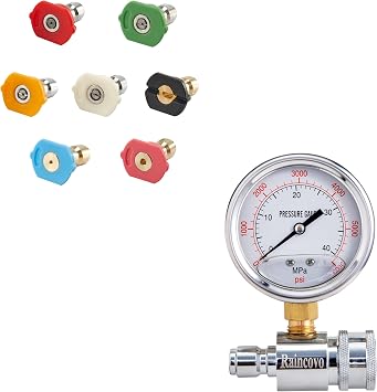 Raincovo Pressure Washer Nozzles Tips Set, 1/4 Inch Quick Connect, 7 Pack, Orifice 3.0, Pressure Washer Gauge, 6000 PSI, 3/8 Inch Quick Connect, Pressure Gauge for Power Washer
