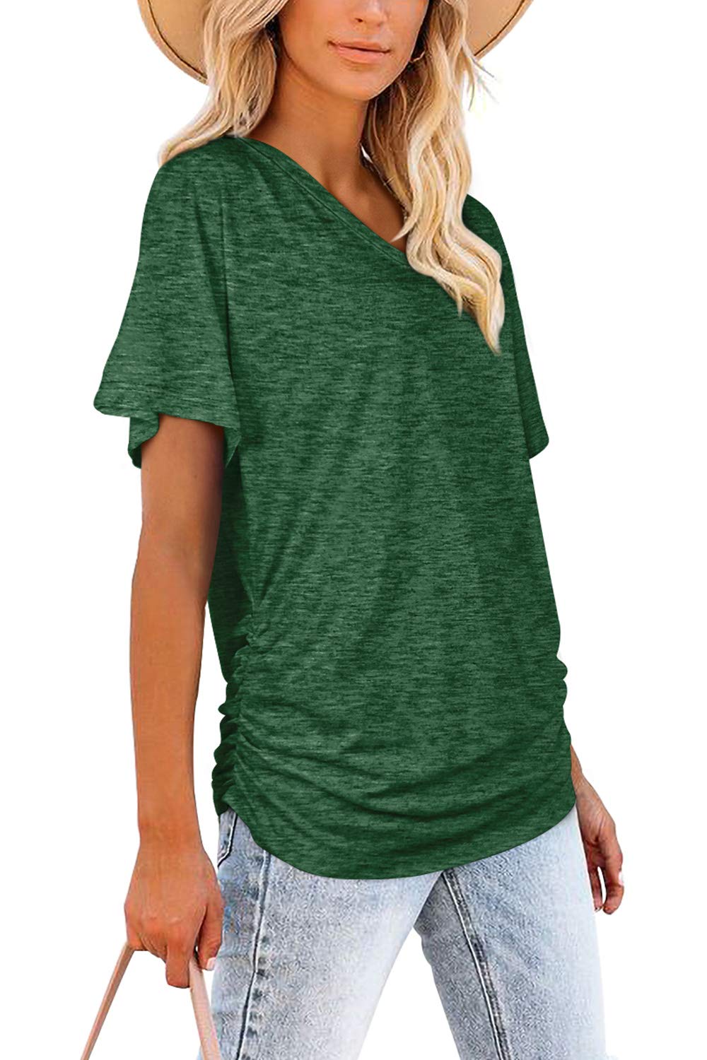 WIHOLL Womens Short Sleeve V Neck Dolman Tops with Side Shirring Loose Fit Shirts