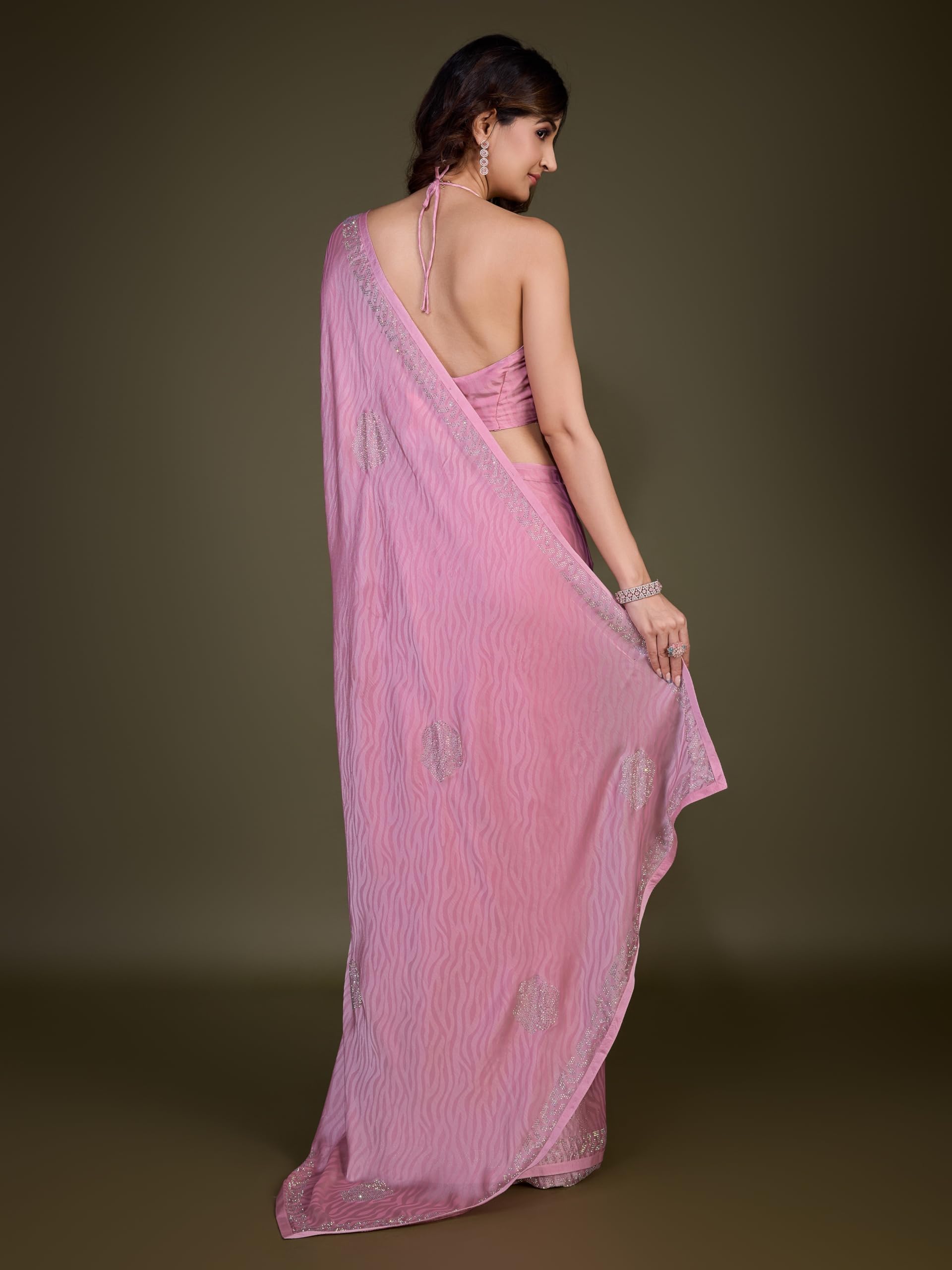 TRENDMALLS Damen Chiffon Siroski Arbeit Saree mit Unstitch Bluse Stück
