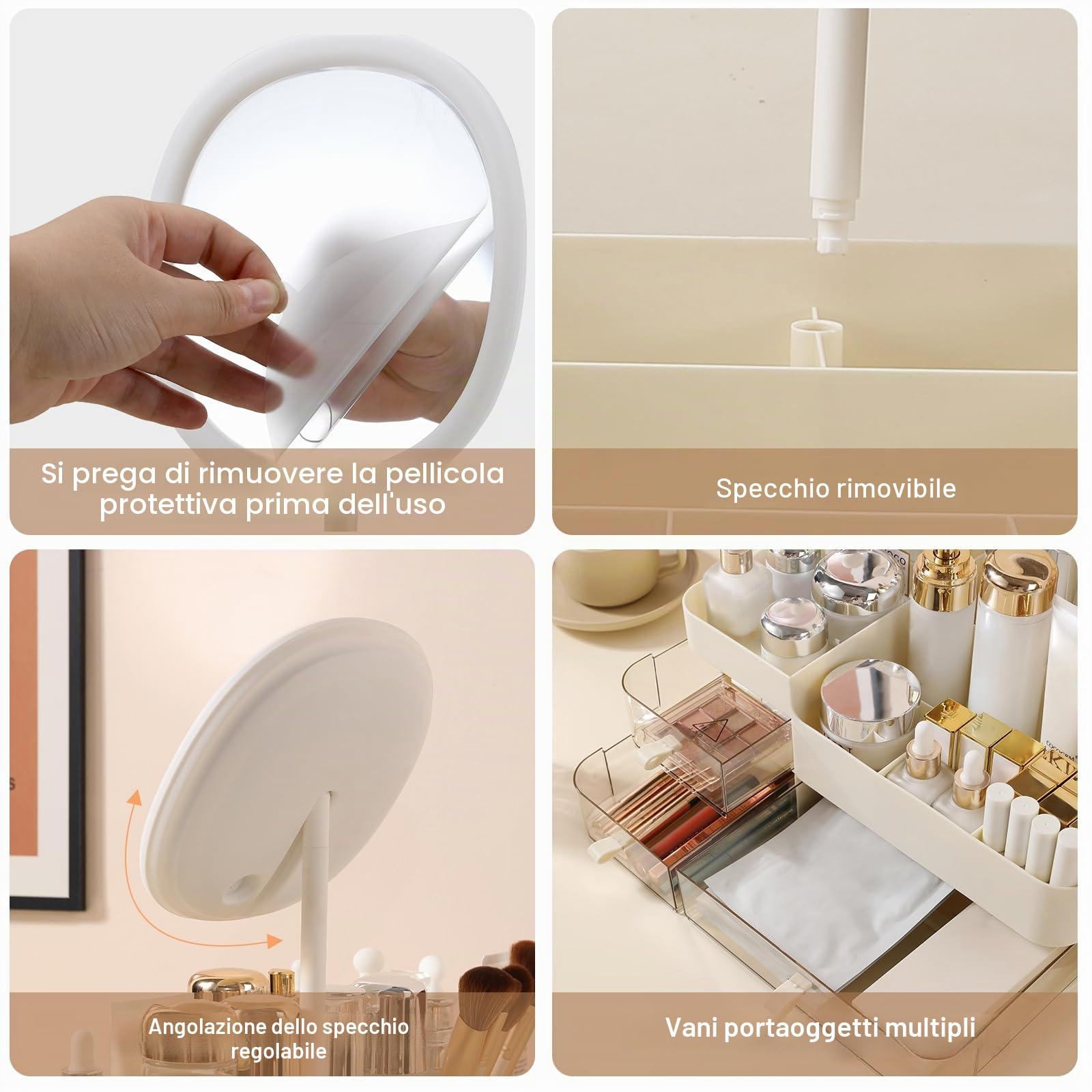 DASITON Organizer Trucchi con Specchio e 3 Cassetti, Porta Trucchi Organizer da Bagno, Porta Pennelli Make Up Organizzatore Trucchi, Organizer Cosmetici per Toeletta, Bagno, Camera da Letto (Crema)
