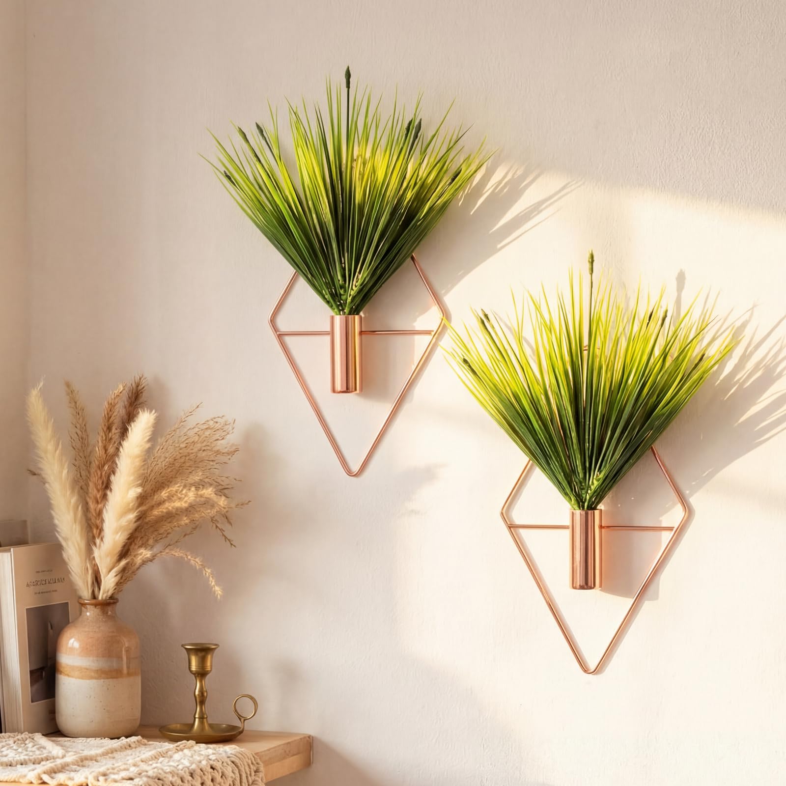 Canlierr 2 Pieces Wall Decor Hanging Planters with Artificial Plants Metal Hanging Vase Indoor Plants Holder Modern Boho Wall Art for Bathroom Bedroom Living Room Decor(Rose Gold,Aquatic Plant)