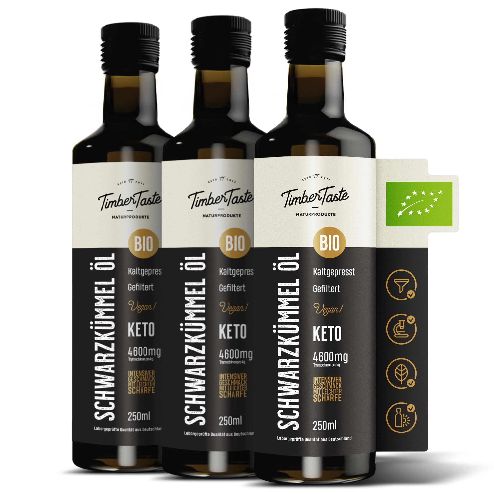 Bio Schwarzkümmelöl gefiltert 3×250 ml – Nigella Sativa Black Seed Oil – Kaltgepresst & angenehm mild im Geschmack – Aus deutscher Ölmanufaktur