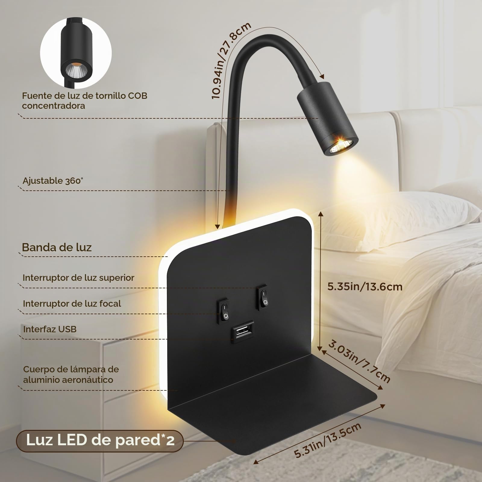 Aplique LED de pared para interior, lámpara de lectura LED para mesita de noche con interruptor, puerto USB, bandeja, lámpara de pared ajustable 360°, lámpara de lectura para mesita de noche(B)