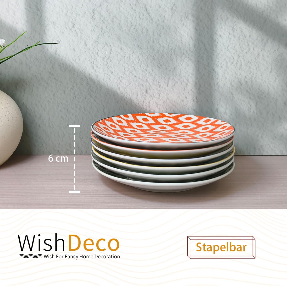 WishDeco Kuchenteller 6er Set, Kleine Dessertteller 15cm, Porzellan Salatteller, Bunte Frühstücksteller, Mini Speiseteller für Pasta, Obst, Brot