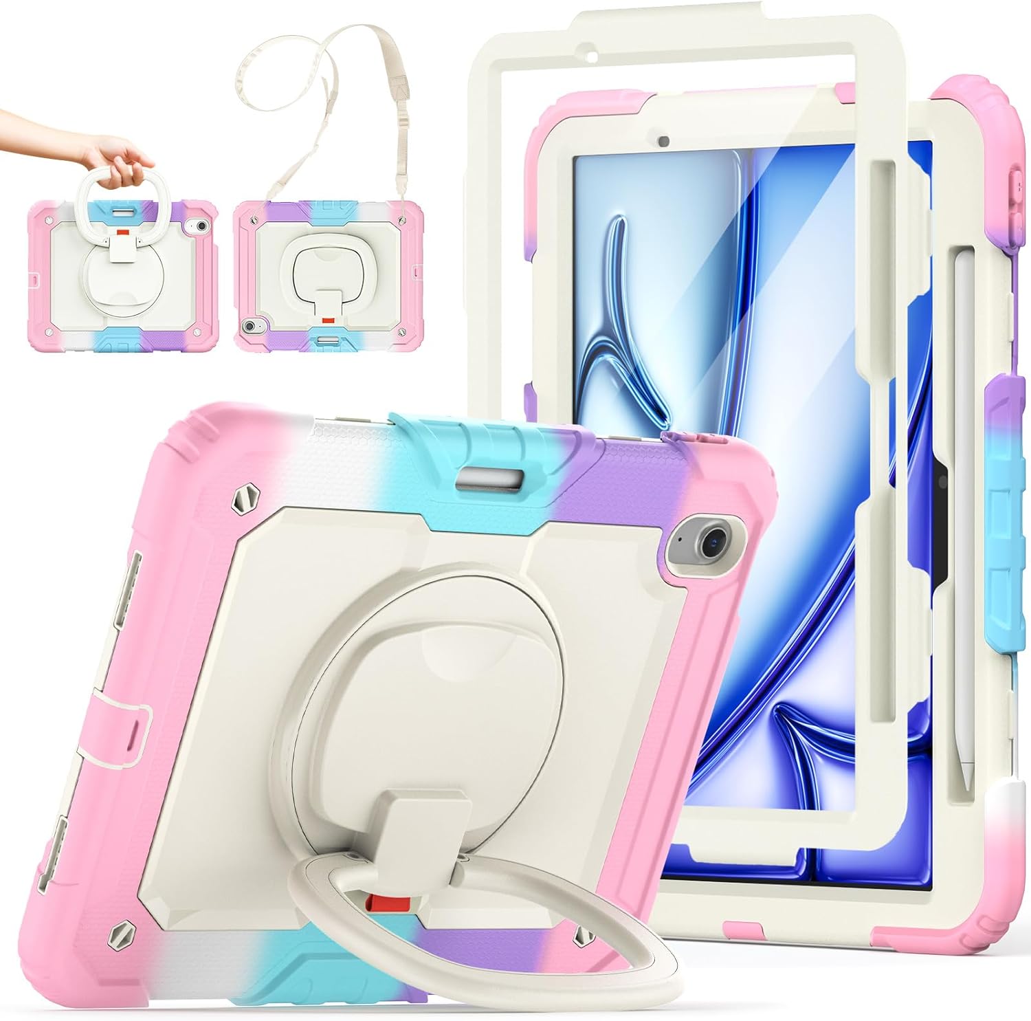 SCSVPN Kids Case for iPad Air 11 Inch M4 / M3 / M2 (2026/2025/2024), Heavy Duty Shockproof Protective Case with Screen Protector, Rotaing Stand/Handle, Shoulder Strap, Pencil Holder (Colorful Pink)