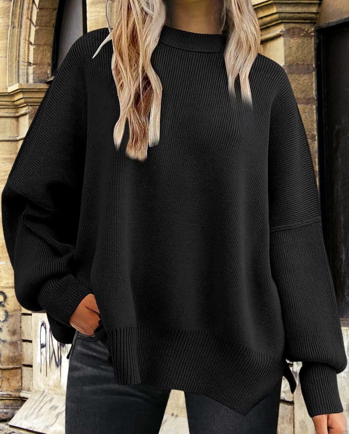 2025 Fall Womens Oversized Batwing Sweater Fashion Crew Neck Knit Side Slit Cozy Fall and Winter Pullover Sweater - Image 2