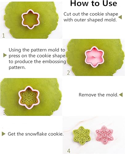 Miniatura 4 de Juego de 9 patrones de sellos de galletas de copo de nieve 3D, plástico de grado alimenticio, 6 ramas con forma de copos de nieve, cortadores de