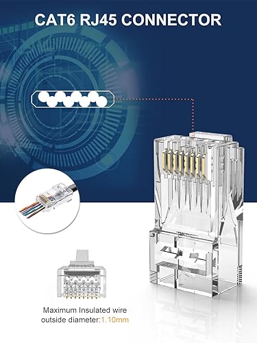 Miniatura 3 de CableCreation Cat6 RJ45 Pass Through Connectors, 100-Pack Cat6/Cat5e Gold Plated Modular Plug Unshielded Crimp Connector for Solid or Stranded UTP