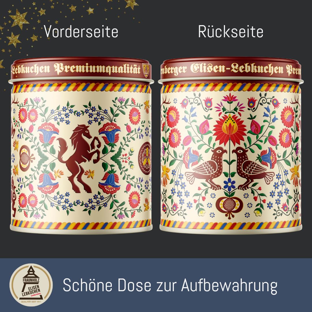 Lebkuchen - original Nürnberger Mandel Elisen- - 45% Nussanteil - handgefertigte Qualität - prämierte Meisterhändler-Manufaktur (Dose Stickmuster - Inhalt: Lebkuchen gemischt - 380 Gramm)