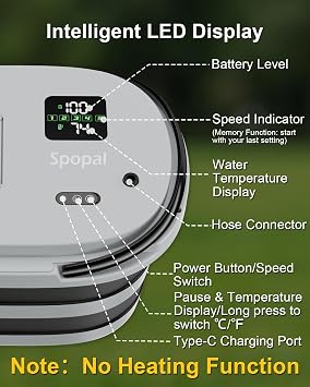 Spopal Portable Integrated Camping Shower with 20L Bucket, Temperature Measurement & Fruit Washing Mode, LED Digital Display, IPX8 Waterproof, 13000mAh Battery for Hiking, Travel, Car, Pet
