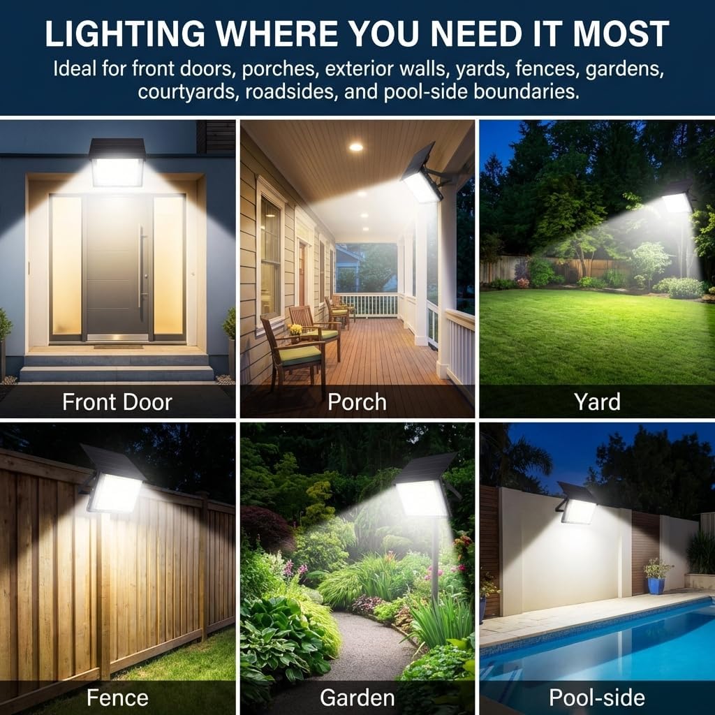 Solar Flood Lights Outdoor, Dusk to Dawn Solar Security Light, Bright 6500K Solar Powered Outdoor Light, IP65 Waterproof Wall Mounted Flood Light for Front Door, Porch, Yard, Fence, Garden