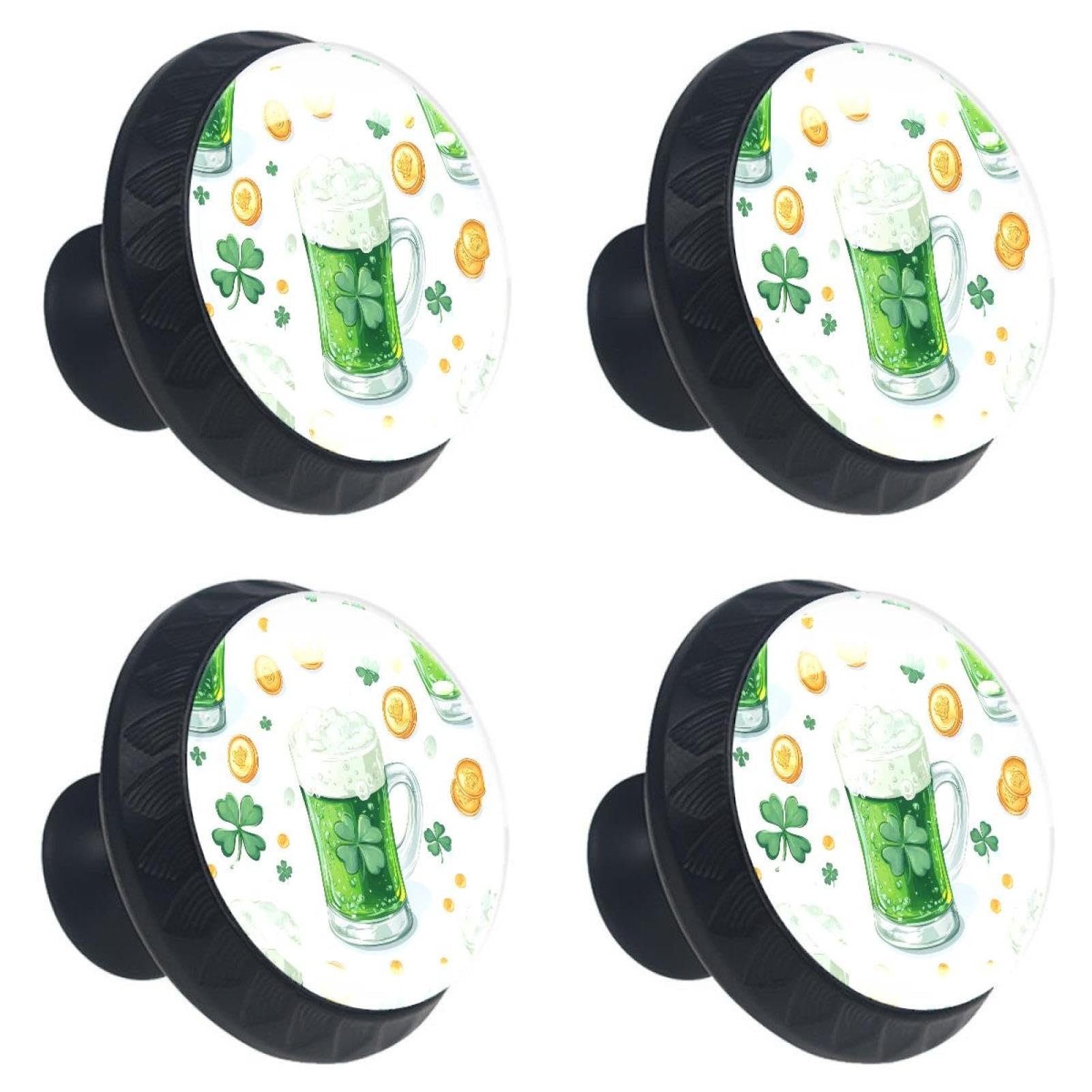 4 Pack Kitchen Knobs for Cabinets, 35mm Black Base Drawer Dresser Knobs, Decorative Handles Pulls for Doors Cupboard Wardrobe, Glasses of Green Beer Clover and Gold Coins