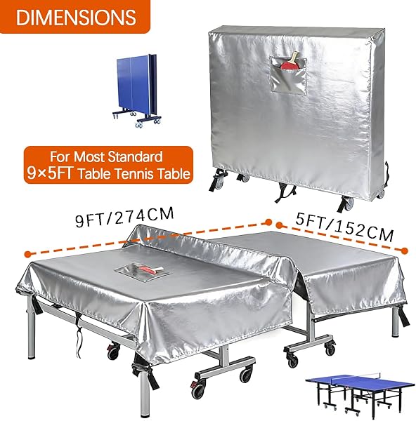 Funda para mesa de ping pong para exterior e interior Funda resistente 600D paras mesa de tenis des mesas impermeable con hebillas paras mesas plegables y planas,Plata,165x70x185cm - 2