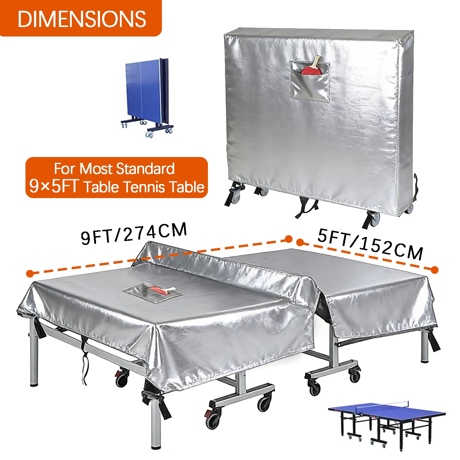 Funda para mesa de ping pong para exterior e interior Funda resistente 600D paras mesa de tenis des mesas impermeable con hebillas paras mesas plegables y planas,Plata,165x70x185cm — view 2
