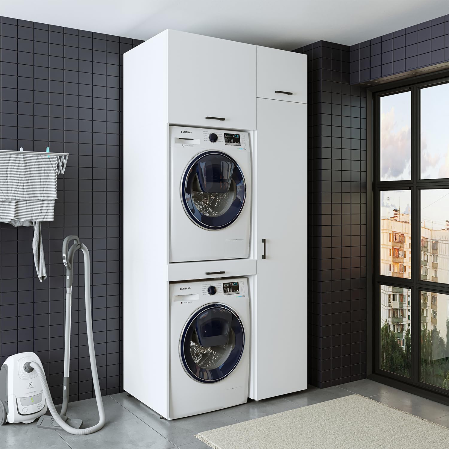 ROOMART Mobile per lavatrice, serie Duo-I, larghezza 112 cm, per asciugatrice e lavatrice, in 3 colori (bianco, V2 HBT: 240 x 112 x 67 cm, 1 ripiano)