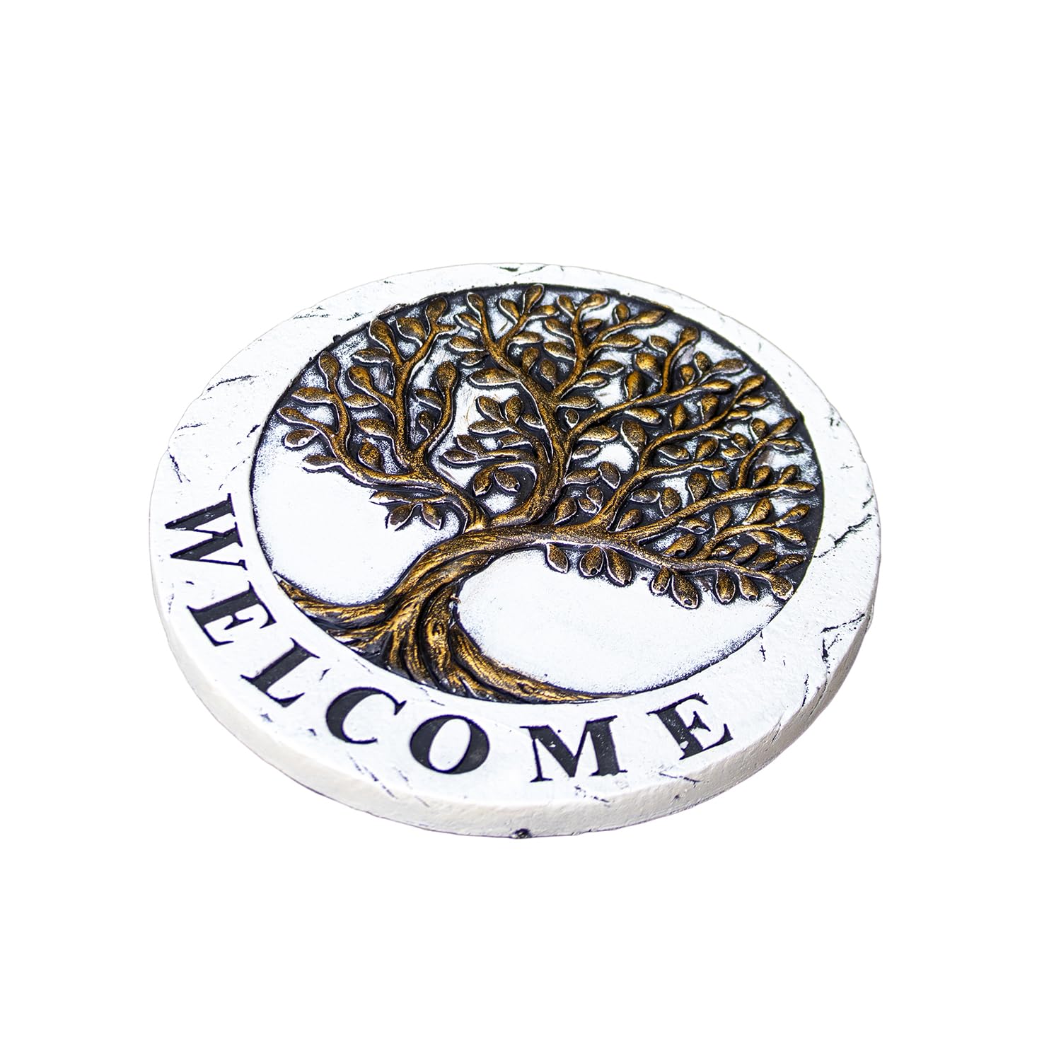 Darthome Cement Tree of Life Welcome Garden Stepping Stone, Round, White, Black and Gold, 25cm