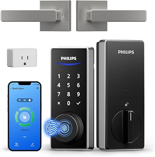 Philips Cerradura inteligente WiFi con asa, cerradura de puerta de entrada sin llave de huellas dactilares con puente WiFi, cerraduras inteligentes