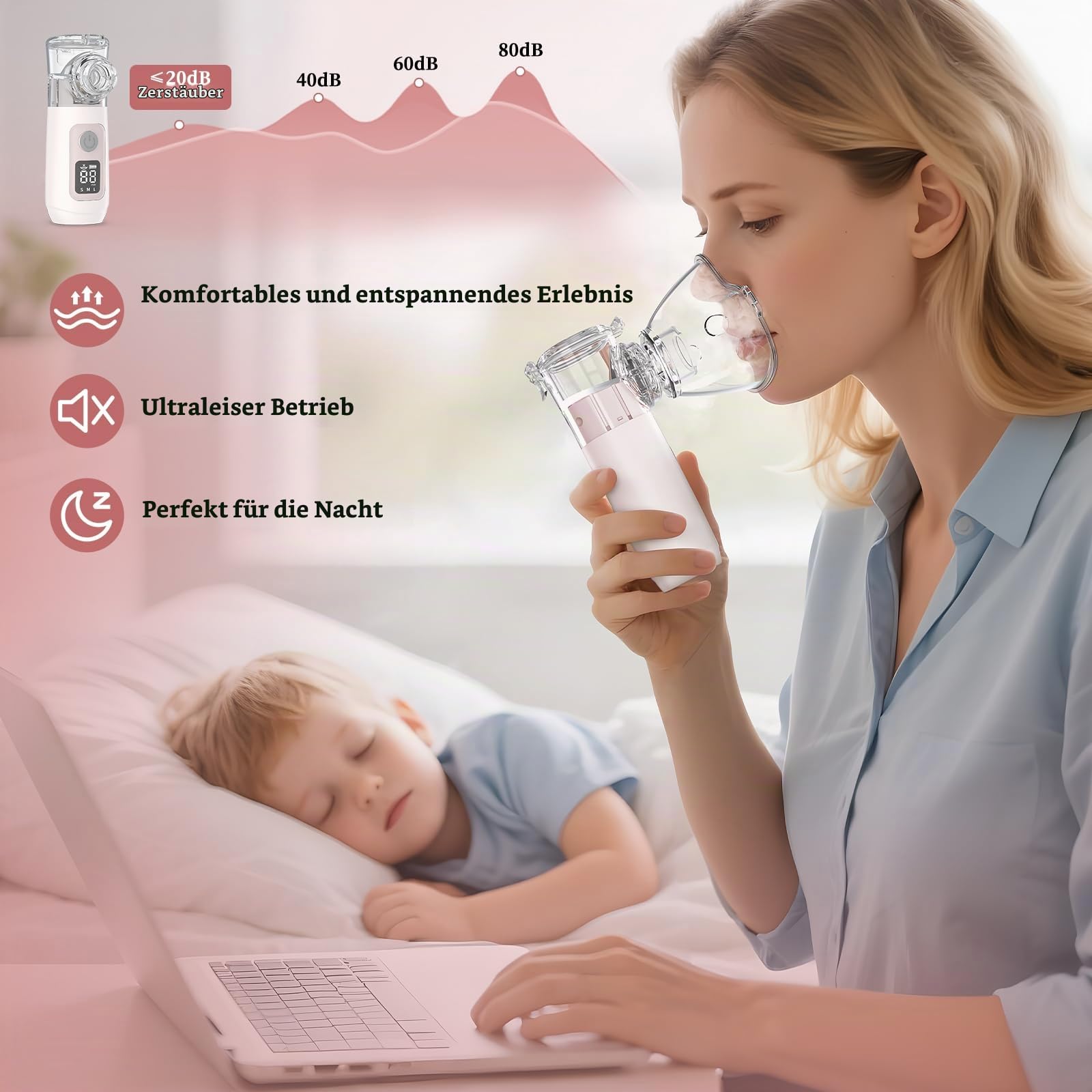 Inhalationsgerät Tragbar Set Ultra Leise Inhalator,Inhaliergeräte für Erwachsene & Kinder,Einstellbarer Vernebler Inhaliergerät für Zuhause und Reisen mit Selbstreinigungsfunktion-Pink
