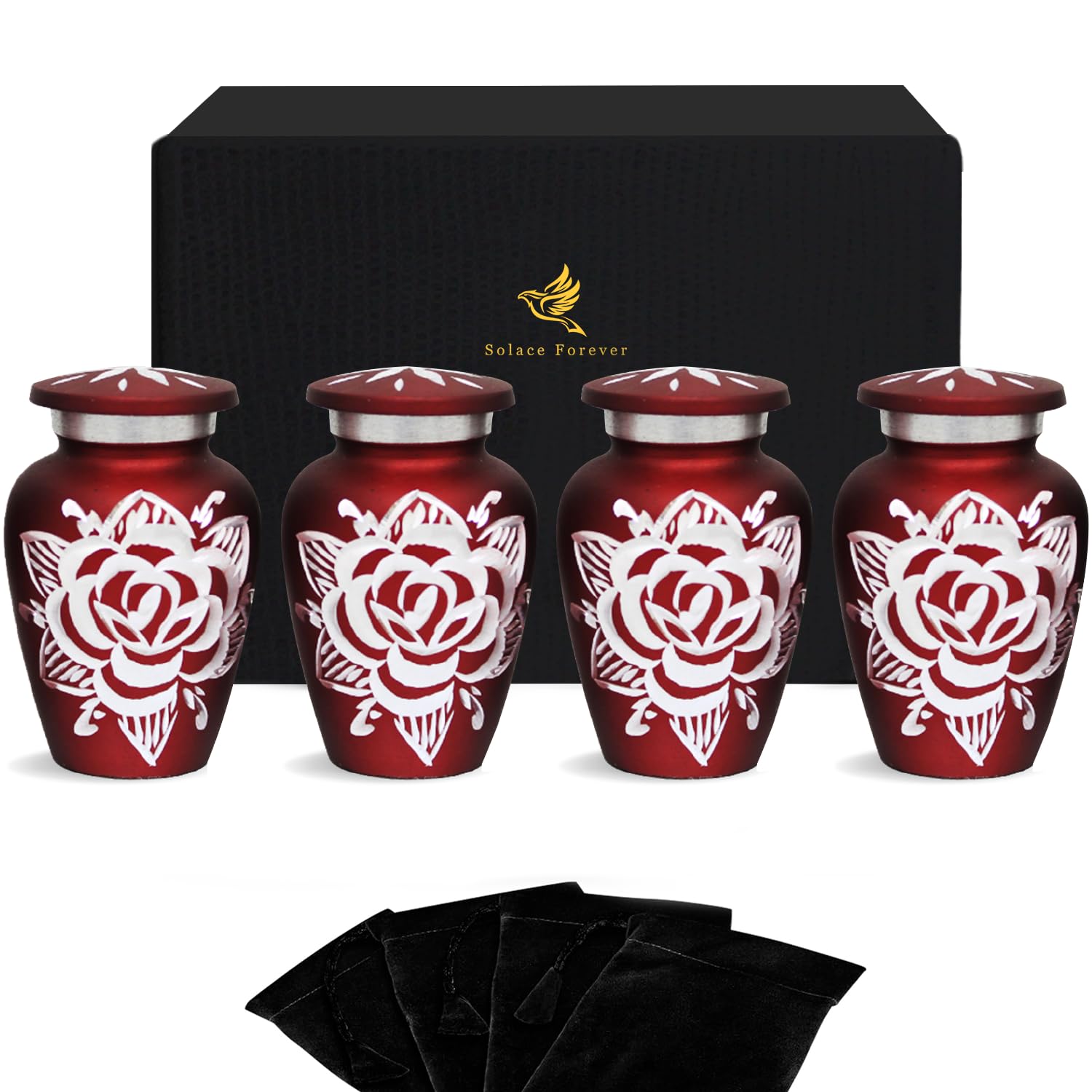 Red Rose Keepsake Urns - Mini Urn for Ashes Set of 4 - Small Urns for Human Ashes - Honour Your Loved One with Mini Cremation Urn (Cherry Red, Set of 4)