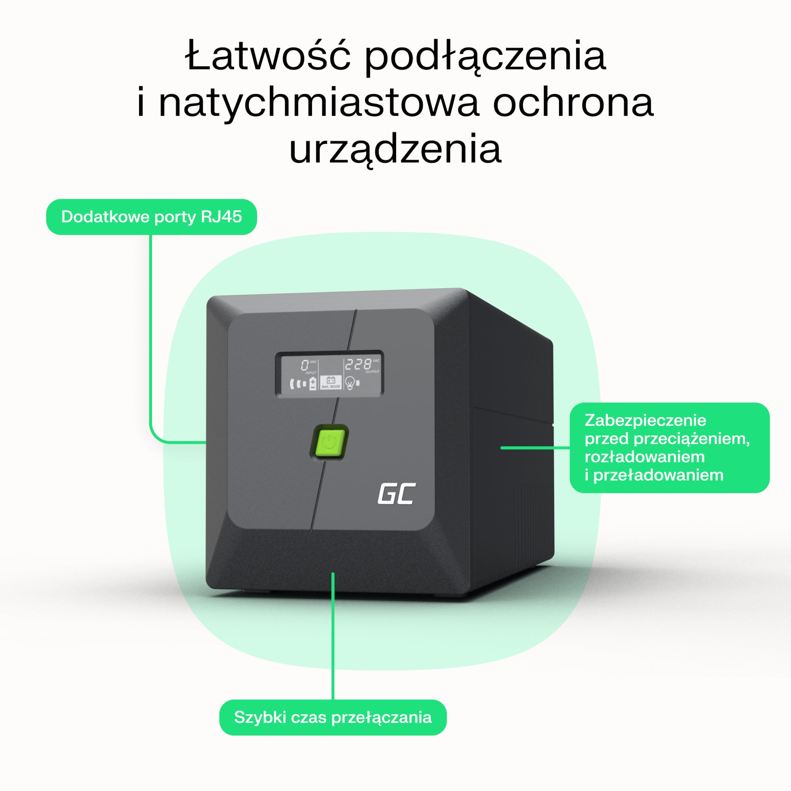 Green Cell UPS 650VA 360W PowerProof z Wyświetlaczem LCD – Zmodyfikowana Fala Sinusoidalna, Ochrona Prądowa Urządzeń, Akumulator 12 V/7 Ah, Ochrona przed Przepięciem, Awaryjne Zasilanie do Urządzeń