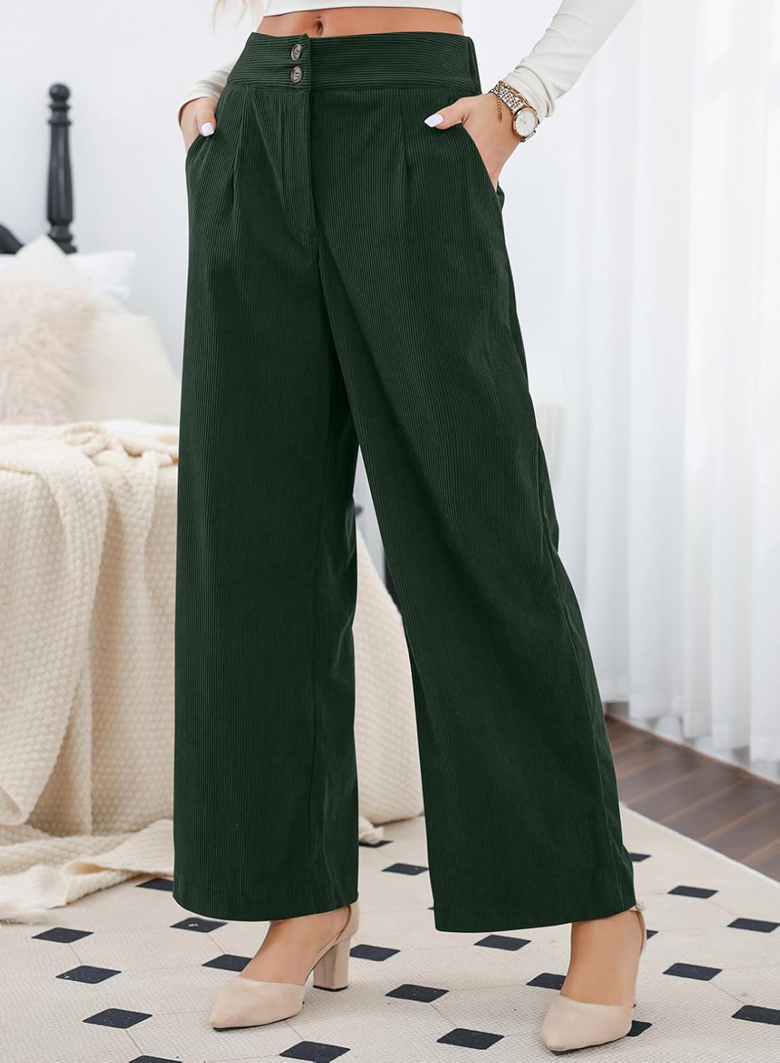 Sidefeel Corduroy Pants for Women 2025 Casual High Waisted Double Buttoned Stretchy Loose Fit Wide Leg Pants with Pockets - Image 4