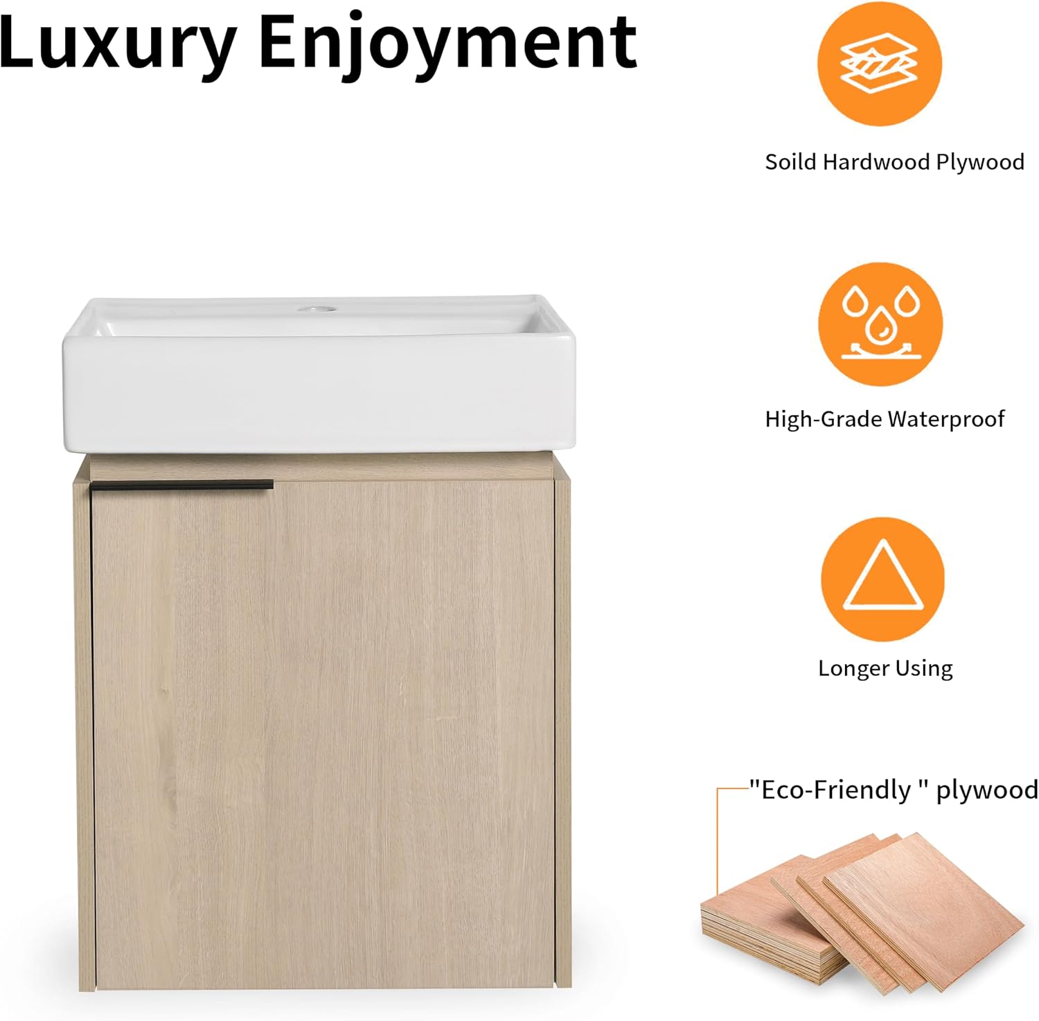 18" Floating Bathroom Vanity with Sink - Wall Mounted for Small Bathrooms, Soft Close Door Cabinet with White Ceramic Basin, Light Oak Modern Vanity Set for Powder Room & Apartments