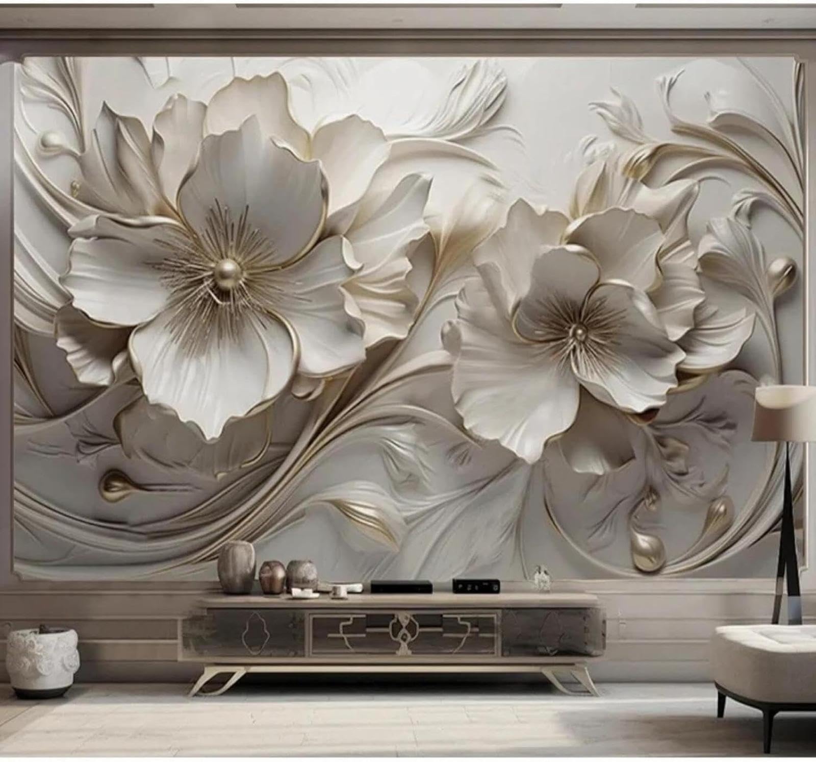 XLMING Creative Beautiful Relief Floral Art 3D Wallpaper Luxury Silk Study Dining Feature Sofa Grey Bedroom Living Room Tv Decorative Wall-400cm×280cm