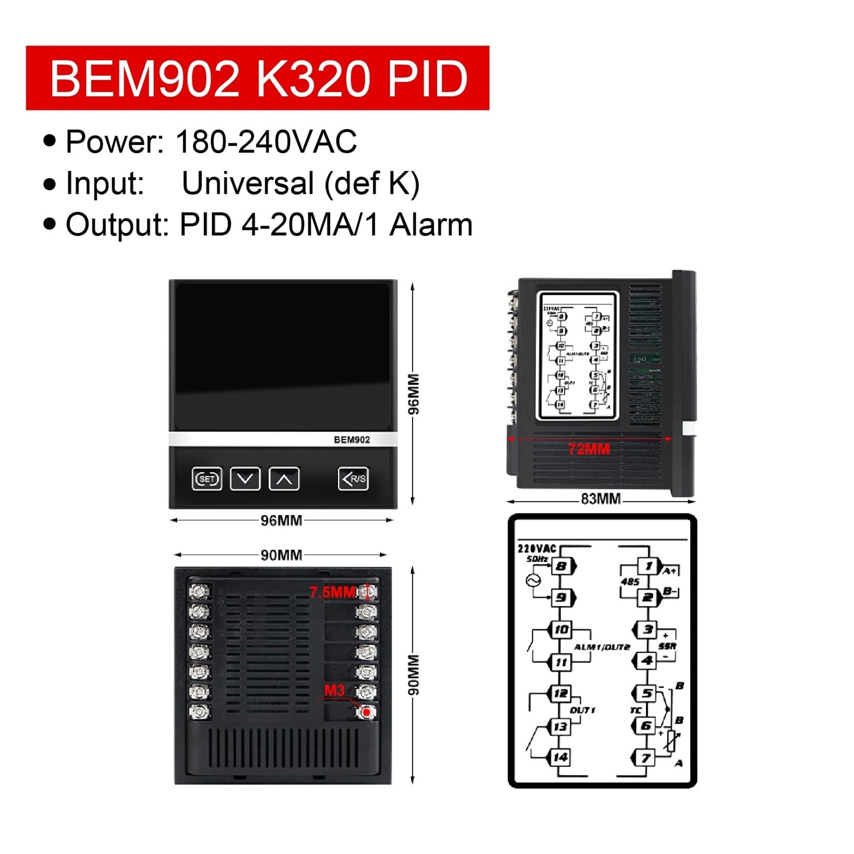 Controlador de temperatura PID BEM902 K320 PID MA con entrada universal digital y función de alarma de relé de estado sólido.