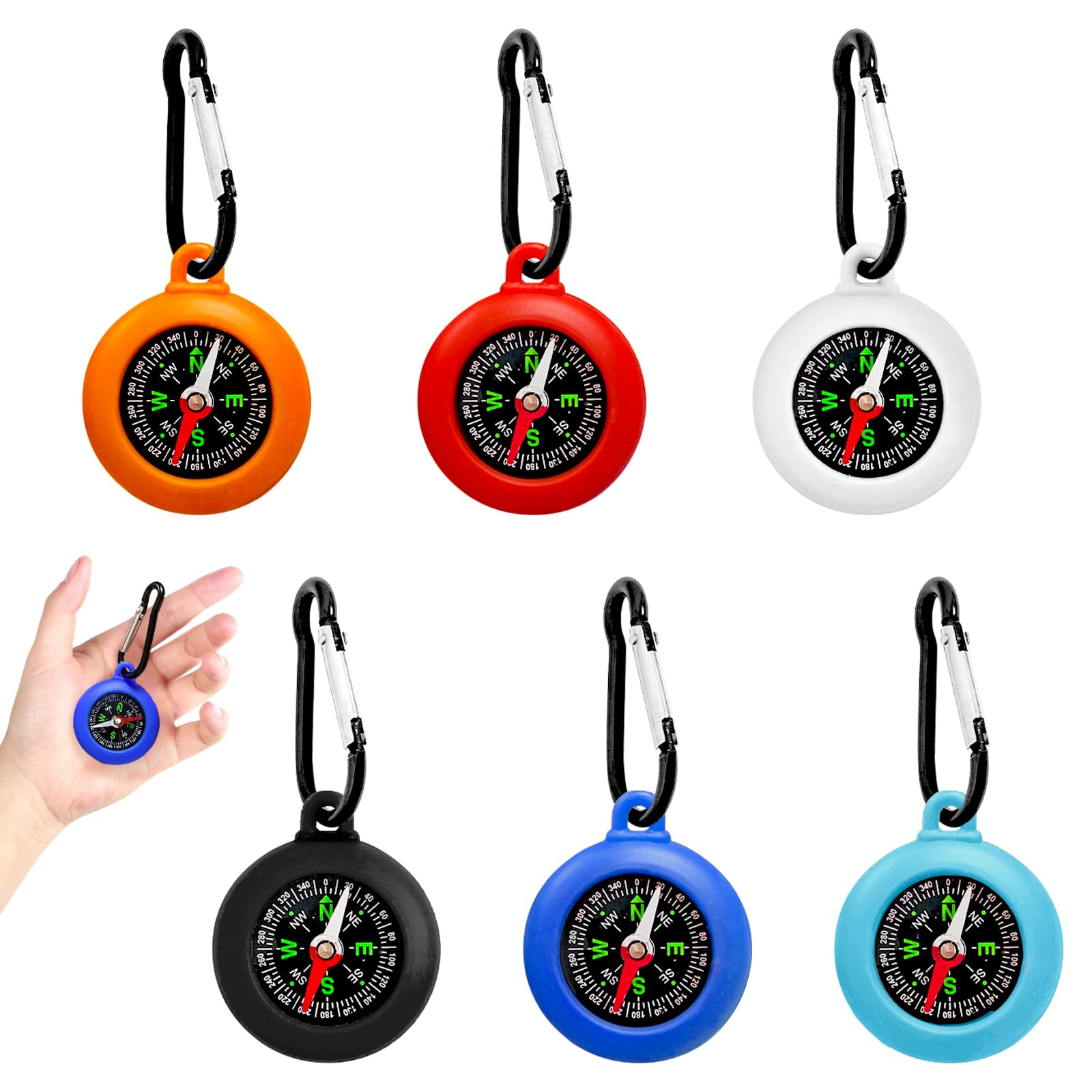 6 Pièces Boussole Enfant Porte clés, Mini Boussole Étanche avec Mousqueton pour Cadeau Anniversaire, Chasse au Trésor, Camping et Navigation en Plein Air