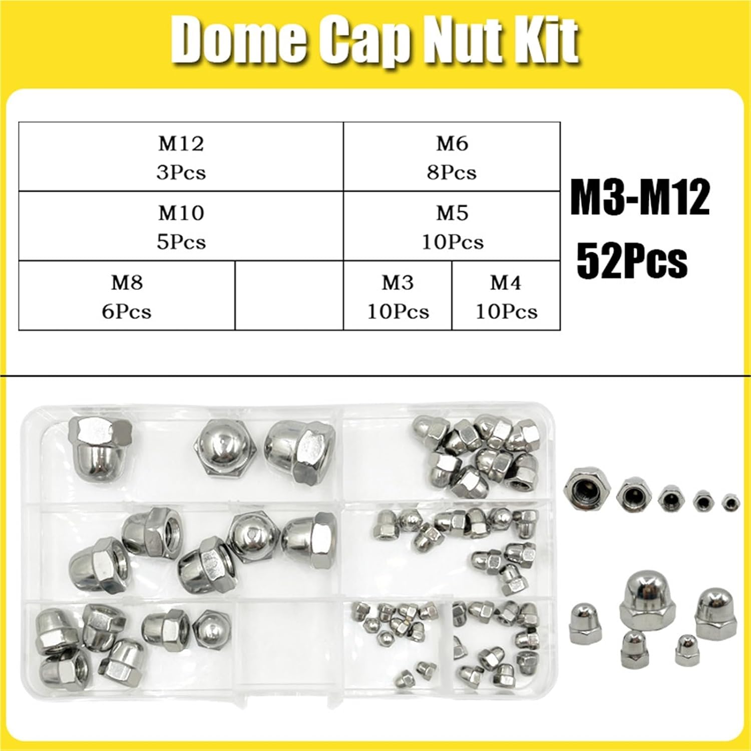 Cap Nuts 104/230pcs Acorn Nut Kit M3 M4 M5 M6 M8 M10 M12 304 Stainless Steel Hexagon Dome Cap Nuts Set Metric Fine Thread for Smooth Surface Finishing(M3-M12 52pcs)
