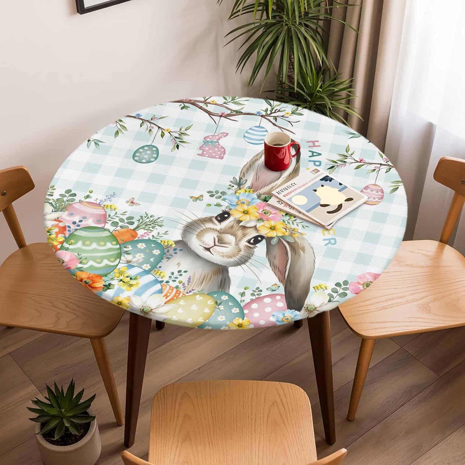 Easter Round Tablecloth Flowers Bunny Easter Egg Elastic Fitted Round Table Covers Branch Leaf Blue Plaid Waterproof Outdoor Table Cover for Party/Patio/Dining Table Cloth, Fits up to 36"-44"