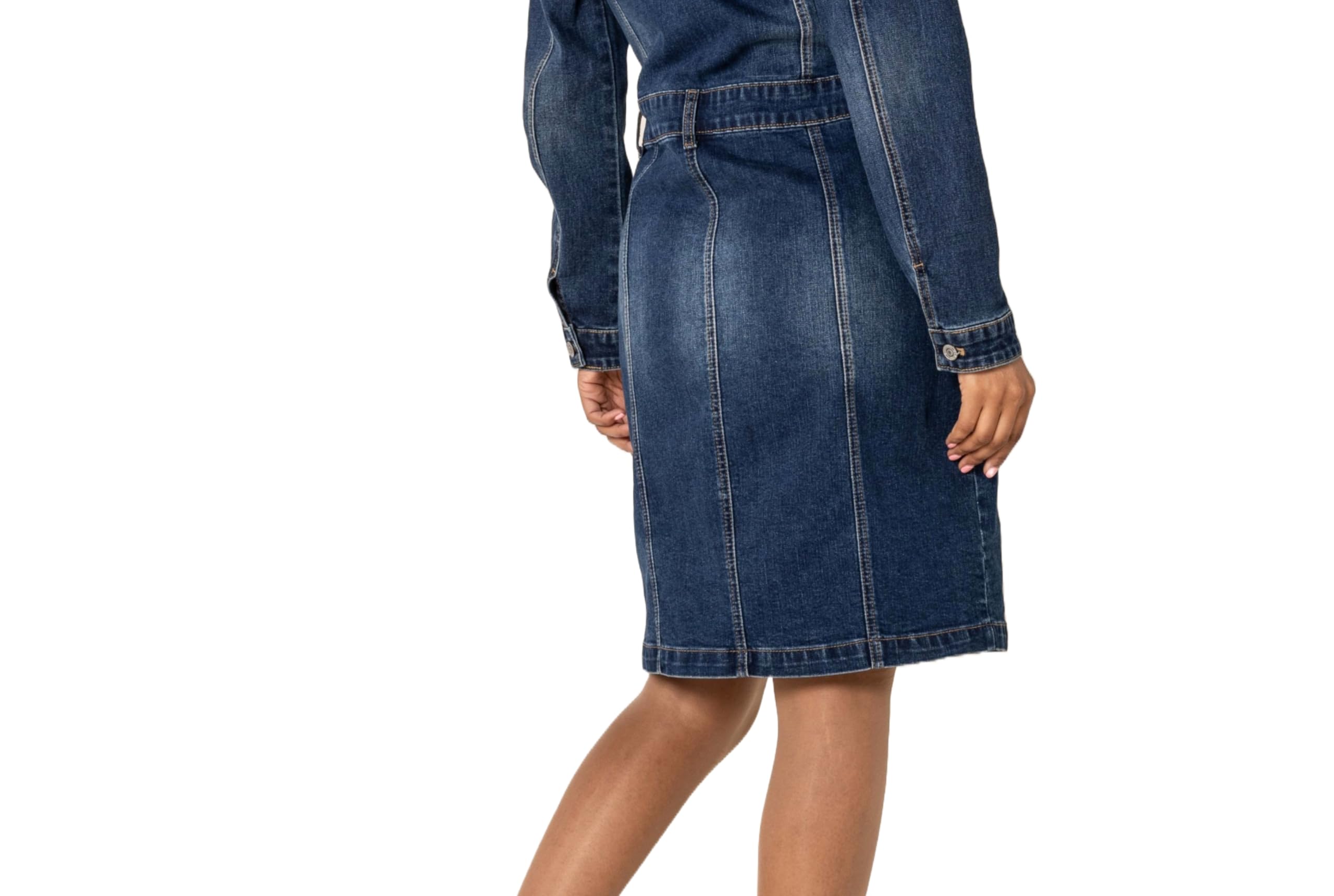 Nina Carter S538 Damen Jeanskleid mit Knöpfen Langärmlig Denim Kleid Stretch Knielang Blusenkleid Used-Look