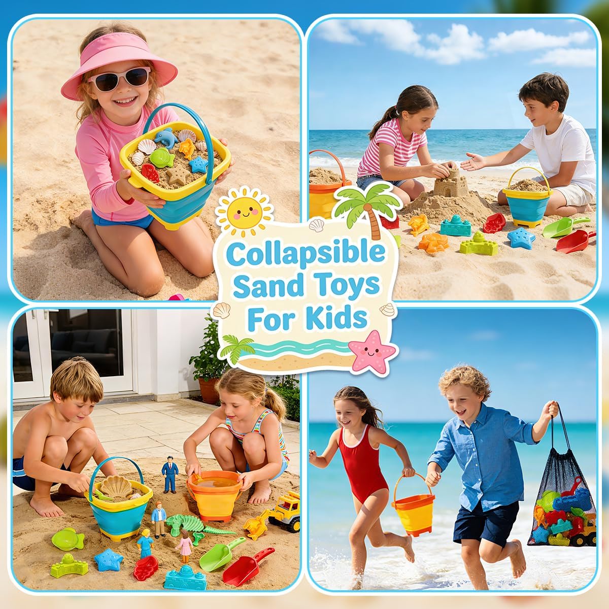 Foldable Beach Bucket and Shovel Set for Kids, 20PCS Sand Toys with Sand Molds (Castle, Dinosaur, Sea Animal) & Mesh Bag, Toddler Collapsible Outdoor Sand Toys for Beach, Sandbox, Pool, Summer Gift