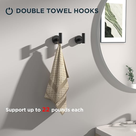 FORIOUS Bathroom Accessories Set, 4-Piece Bathroom Hardware Set | Matte Black | SUS304 Stainless Steel Towel Ring, 2 Towel Hooks, and Toilet Paper Holder Wall Mounted | Double Post Pivoting