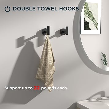 FORIOUS Bathroom Accessories Set, 4-Piece Bathroom Hardware Set | Matte Black | SUS304 Stainless Steel Towel Ring, 2 Towel Hooks, and Toilet Paper Holder Wall Mounted | Double Post Pivoting