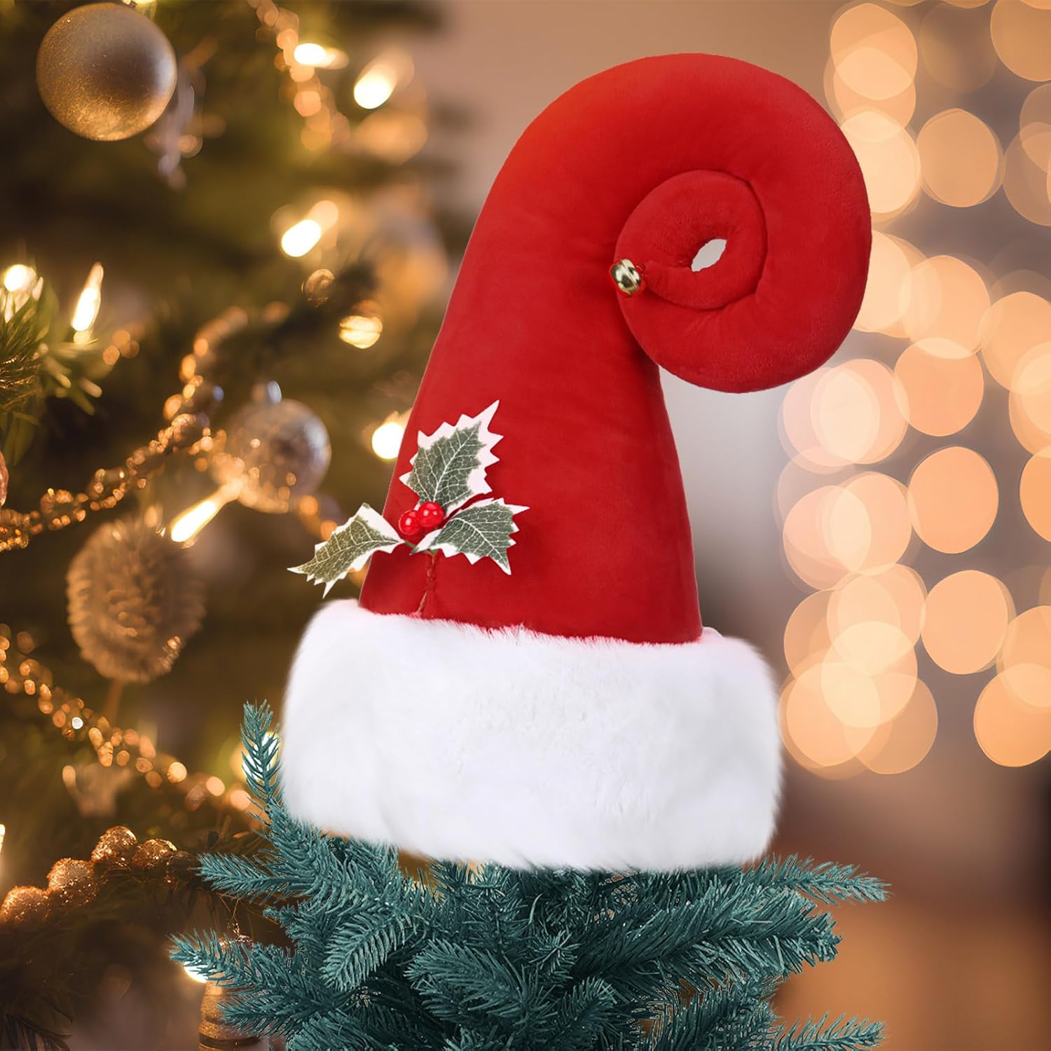 Santa Hat Christmas Tree Topper with Holly Decor - Large (14.5 in) Red Santa Claus Hat - Christmas Tree Topper for Holiday Trees - Image 5