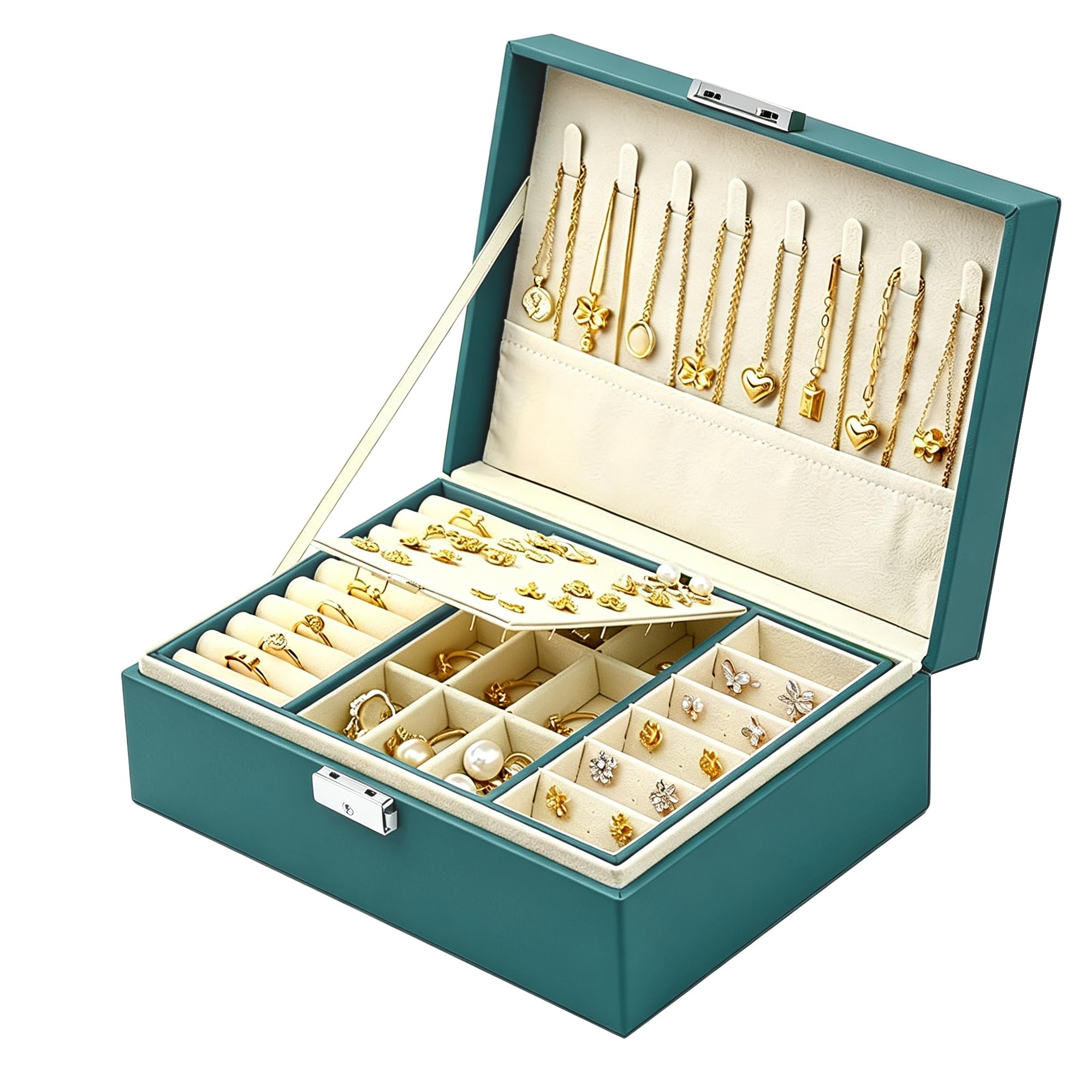 Homeanda Schmuckkästchen mit Schloss - Große Schmuckschatulle aus Leder für Damen, Schmuckbox mit 2 Ebenen (Grün)