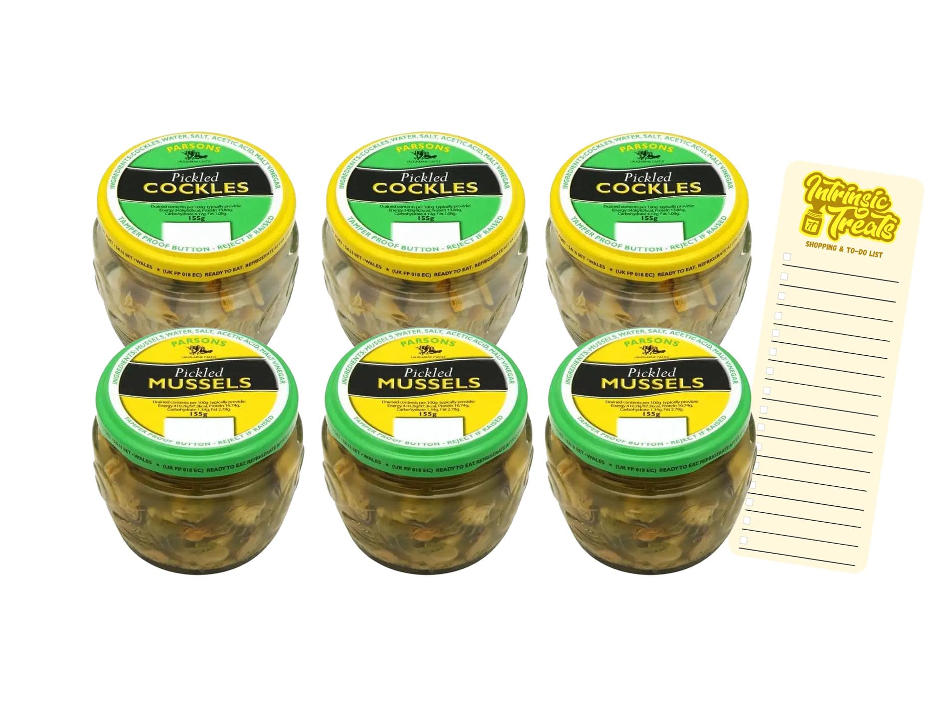 Pickled Jar Bundle With Parsons Premium Cockles Jar 155g x3 and Premium Mussels Jar 155g x3 (Pack of 6 with Intrinsic Treats Shopping List Card)