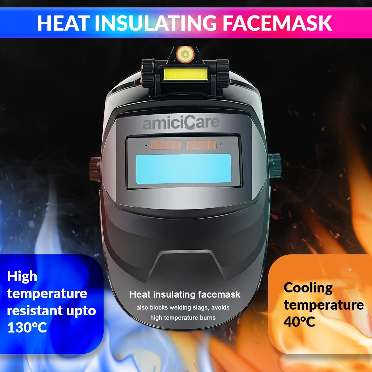 amiciCare Solar-Powered Auto-Darkening Welding Helmet, Automatic Dimming Facemask for Welding & Grinding with Rechargeable Torch for Day and Night Work 3