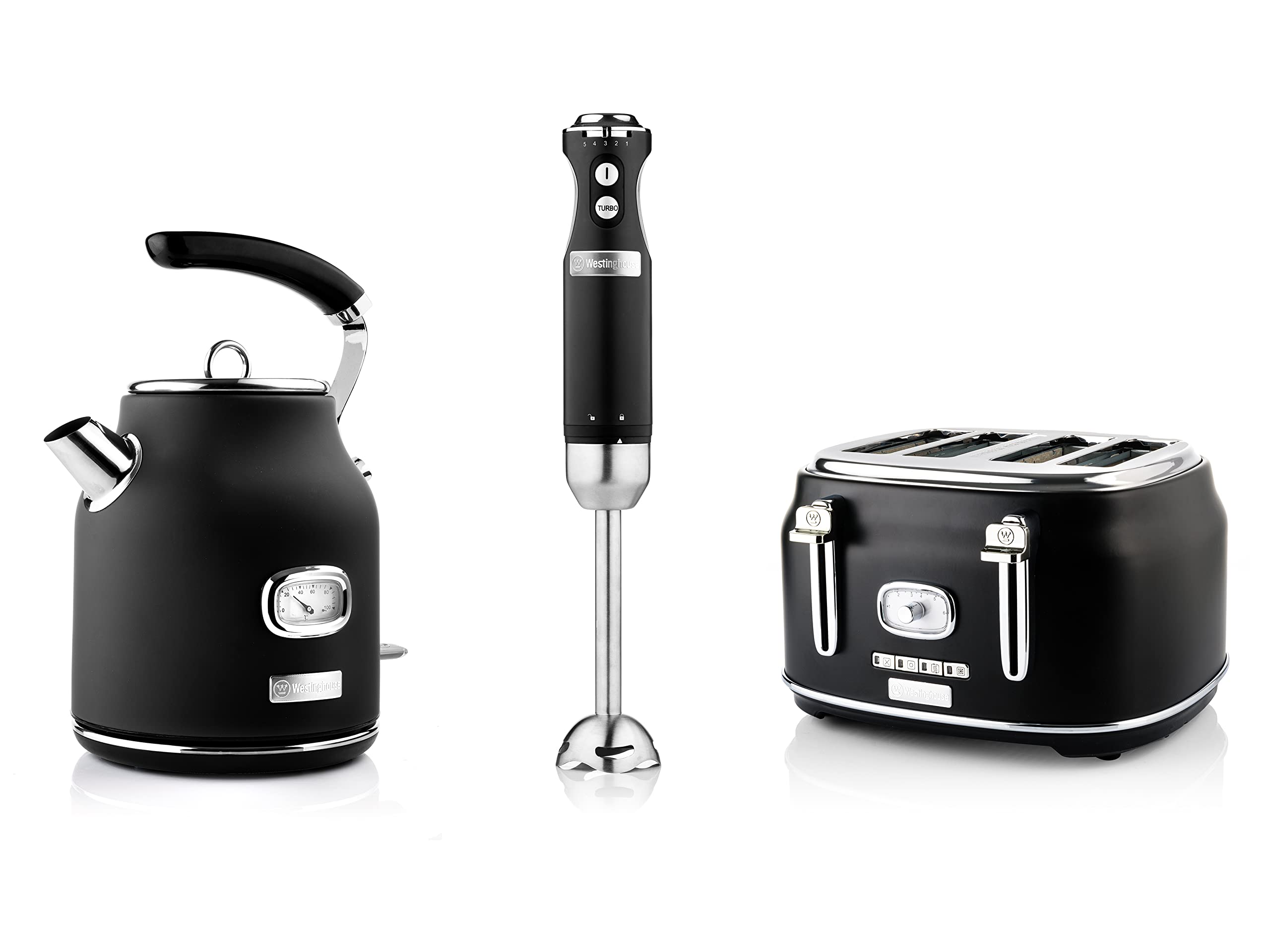 Westinghouse Juego de desayuno Retroline, negro, tostadora, batidora de mano y hervidor eléctrico, 1,7 litros y filtro de cal, tostadora de cuatro ranuras con accesorio para sándwiches, batidora de